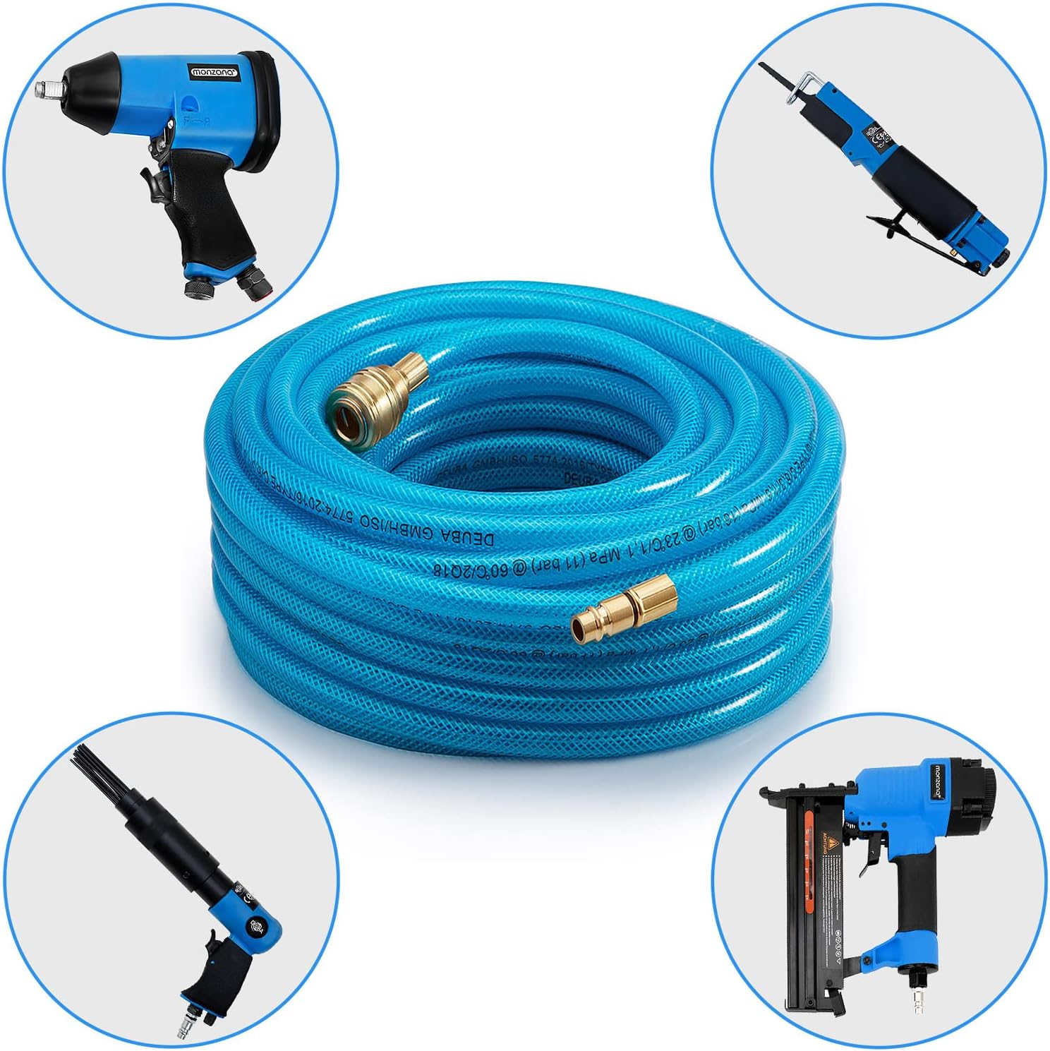 2x MONZANA® Druckluftschlauch 30m PVC Schnellkupplung 15 bar 1/4' Anschluss Ø Innen 6mm Außen 13mm Gewebeschlauch Kompressor — Ansicht 3