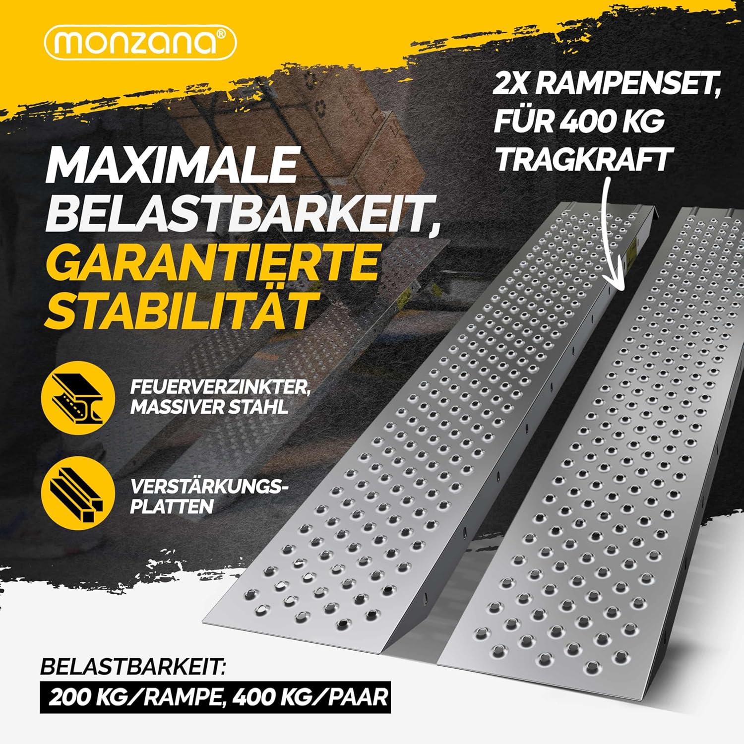 MONZANA® 2X Auffahrrampe 400 kg Tragfähigkeit galvanisierter Stahl 160x22,5x4,5cm rutschfeste perforierte Oberfläche PKW Transport Laderampe Rampe — Ansicht 2
