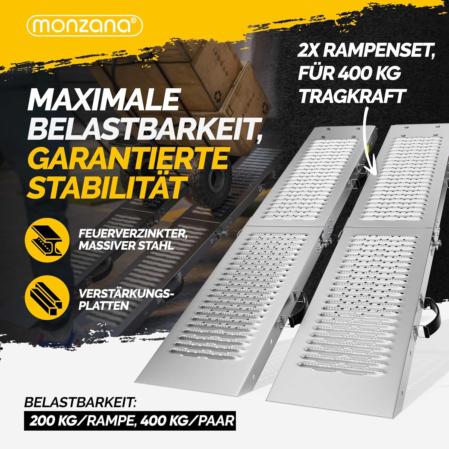 MONZANA® 2X Auffahrrampe 400kg (je 200kg) klappbar Laderampe verzinkter Stahl rutschfeste Oberfläche Auffahrschiene Verladerampe PKW Verladeschiene — Ansicht 2