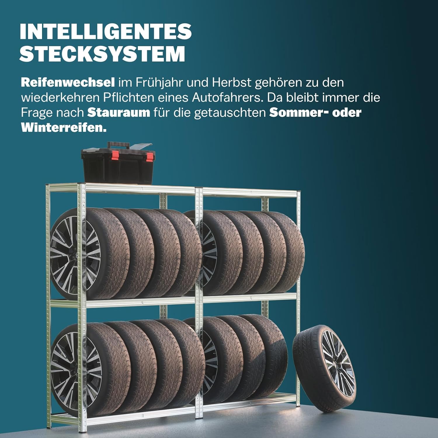 MONZANA® 2x Reifenregal 8 Reifen 795 kg 180x120x40cm inkl Gummischutz höhenverstellbare MDF-Ablage Stecksystem Garage Werkstatt Felgenregal Lagerregal — Ansicht 2