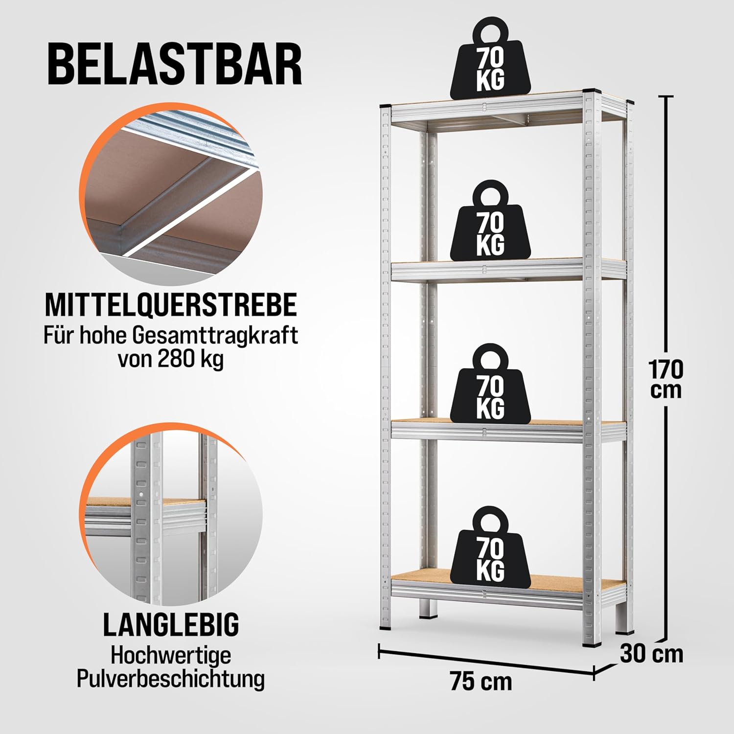 Monzana® 2X Schwerlastregal 170x75x30cm 560kg 4 MDF-Platten Regal Lagerregal Kellerregal Steckregal Werkstattregal — Ansicht 2