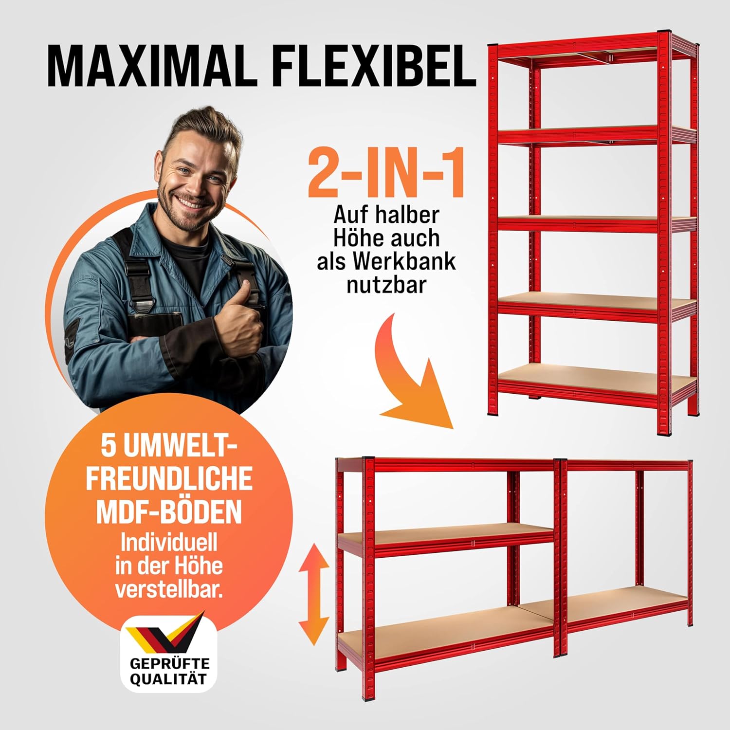 Monzana® 2X Schwerlastregal 180x90x40cm rot 1750kg 10 MDF-Platten Montagematerial Kellerregal Lagerregal Steckregal Metallregal Werkstattregal — Ansicht 5