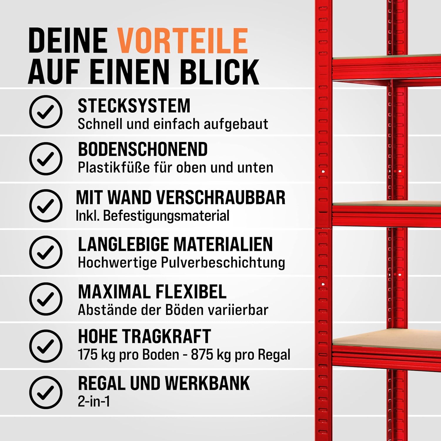 Monzana® 2X Schwerlastregal 180x90x40cm rot 1750kg 10 MDF-Platten Montagematerial Kellerregal Lagerregal Steckregal Metallregal Werkstattregal — Ansicht 6