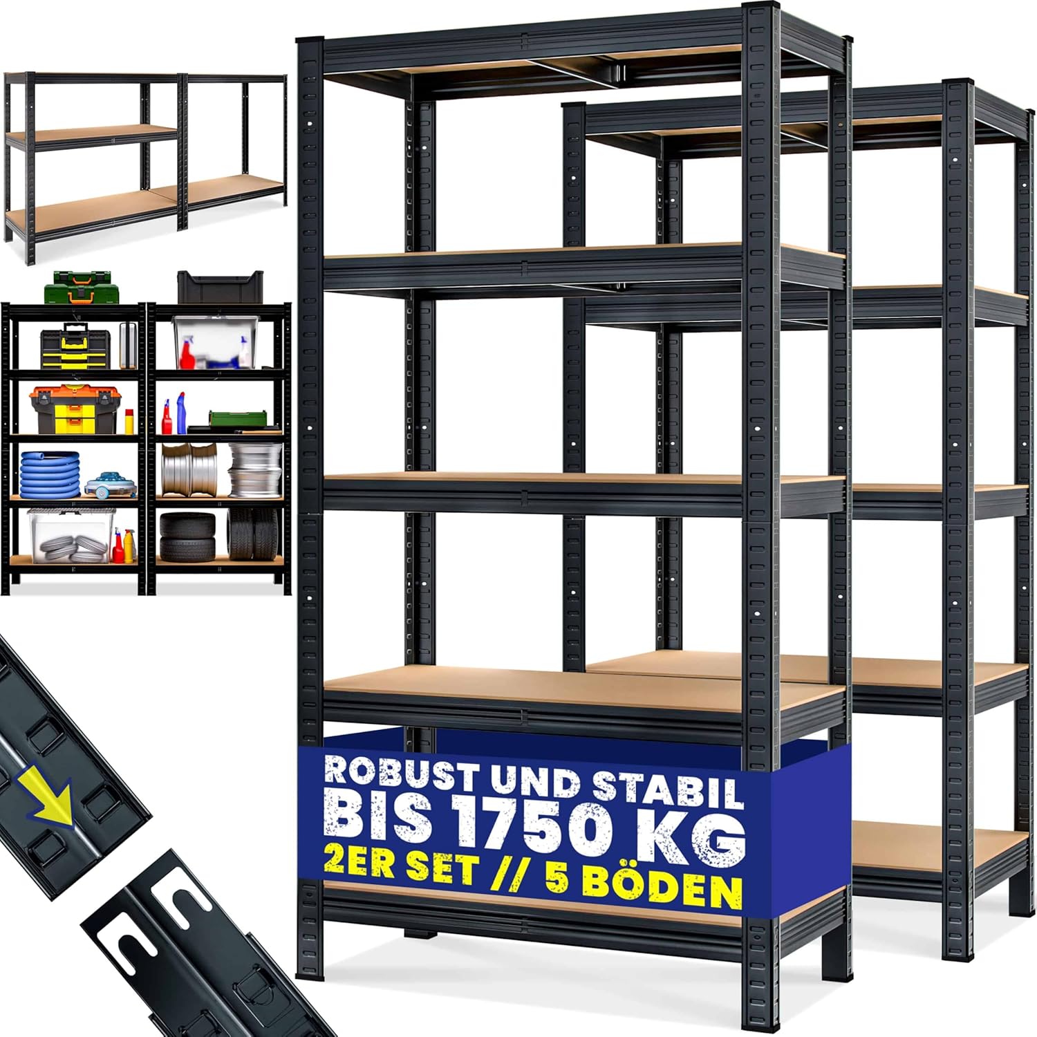 Monzana® 2X Schwerlastregal 180x90x40cm Schwarz Montagematerial 1750kg 10 MDF-Platten Kellerregal Lagerregal Steckregal Metallregal Werkstattregal