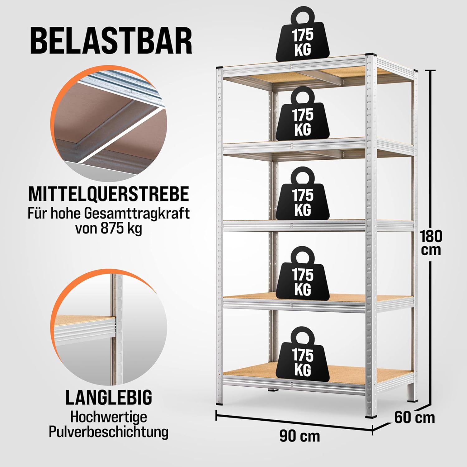 Monzana® 2X Schwerlastregal XL 180x90x60cm 1750kg 5 MDF-Platten Regal Lagerregal Kellerregal Steckregal Werkstattregal — Ansicht 2