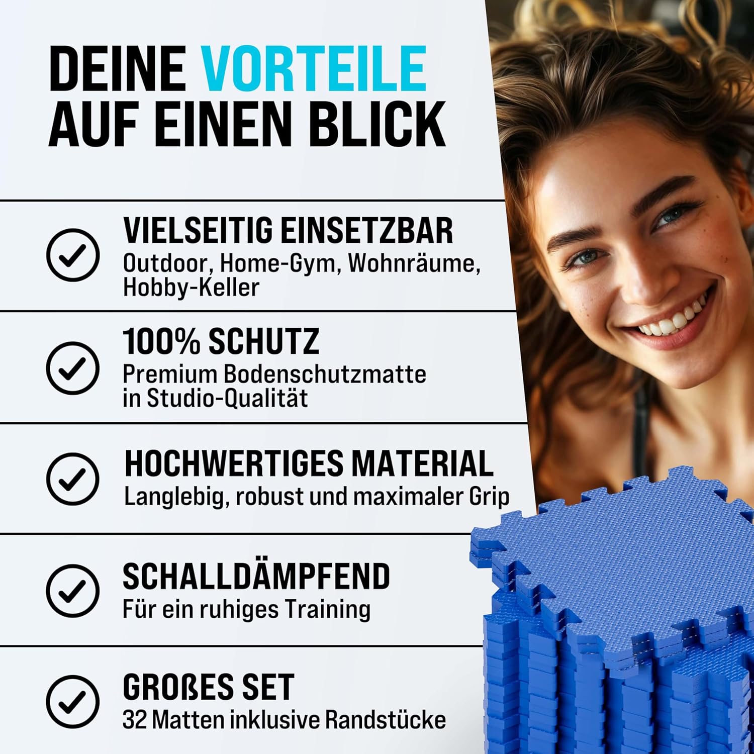 MONZANA® 32x Bodenschutzmatte für Pool & Fitness 45x45cm rutschfest Fitnessgerät Wärmeisolierend Eva-Schaumstoff Erweiterbar Unterlage Blau — Ansicht 6