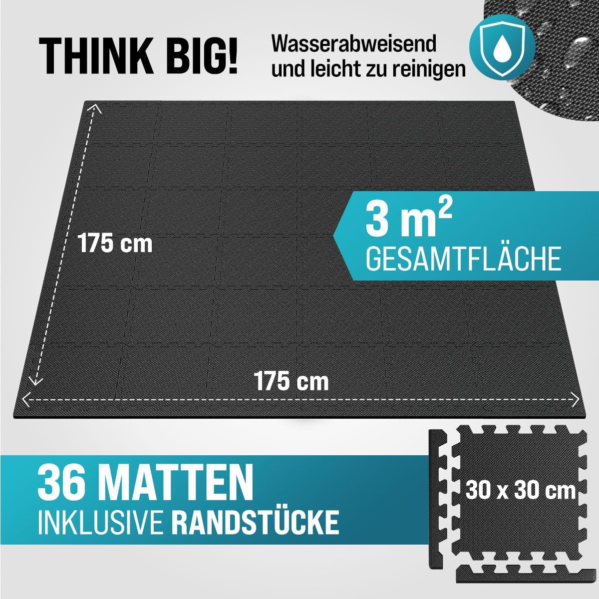 MONZANA® 36x Bodenschutzmatten Fitness & Pool mit Randstücken 30 x 30 cm 3 qm rutschfest Eva-Schaumstoff Puzzlematte Trainingsmatten Fitnessgeräte — Ansicht 2