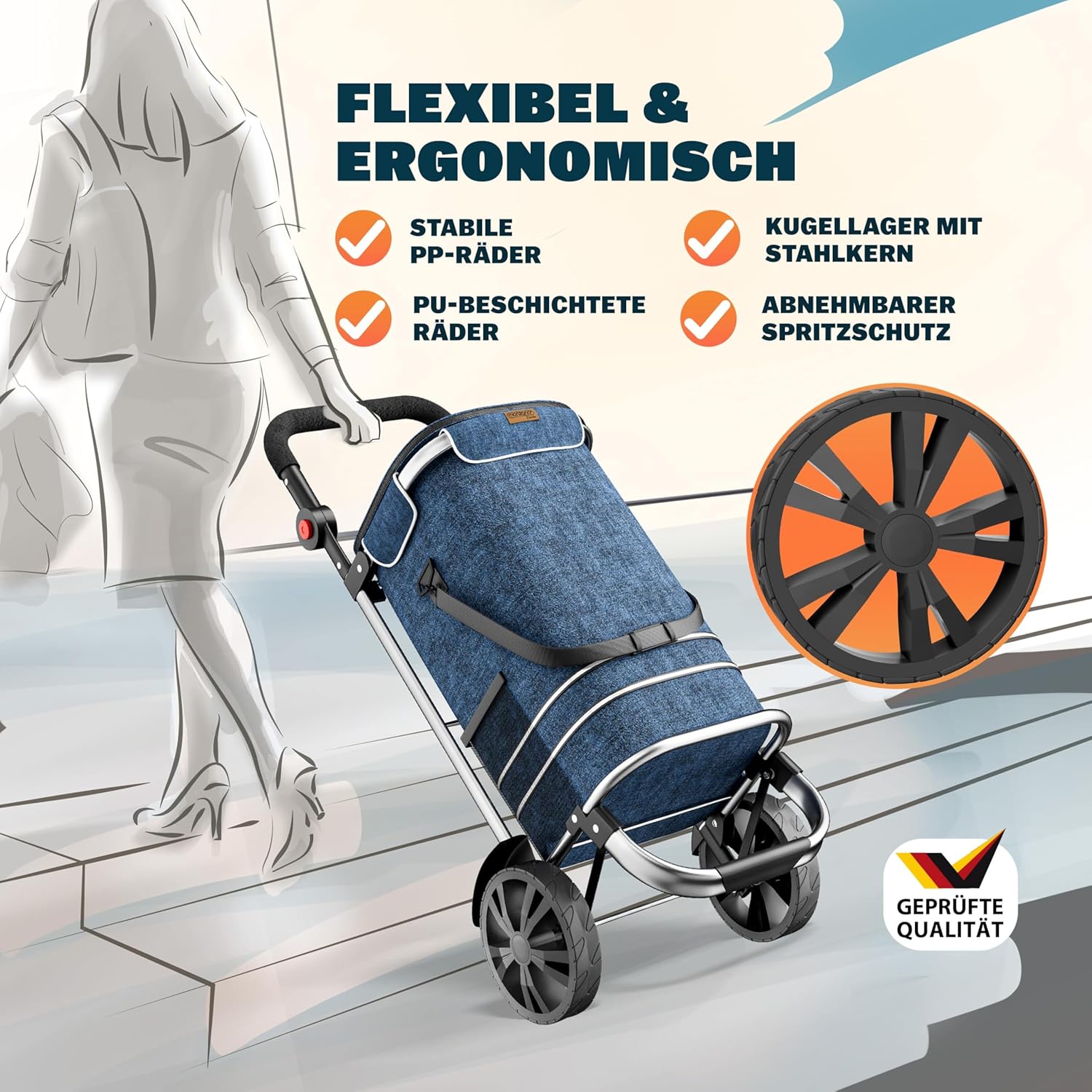 MONZANA® 3in1 Einkaufstrolley 56L bis 50 kg klappbar abnehmbare Tasche Handwagen Einkaufswagen Einkaufshilfe Roller Blau — Ansicht 3