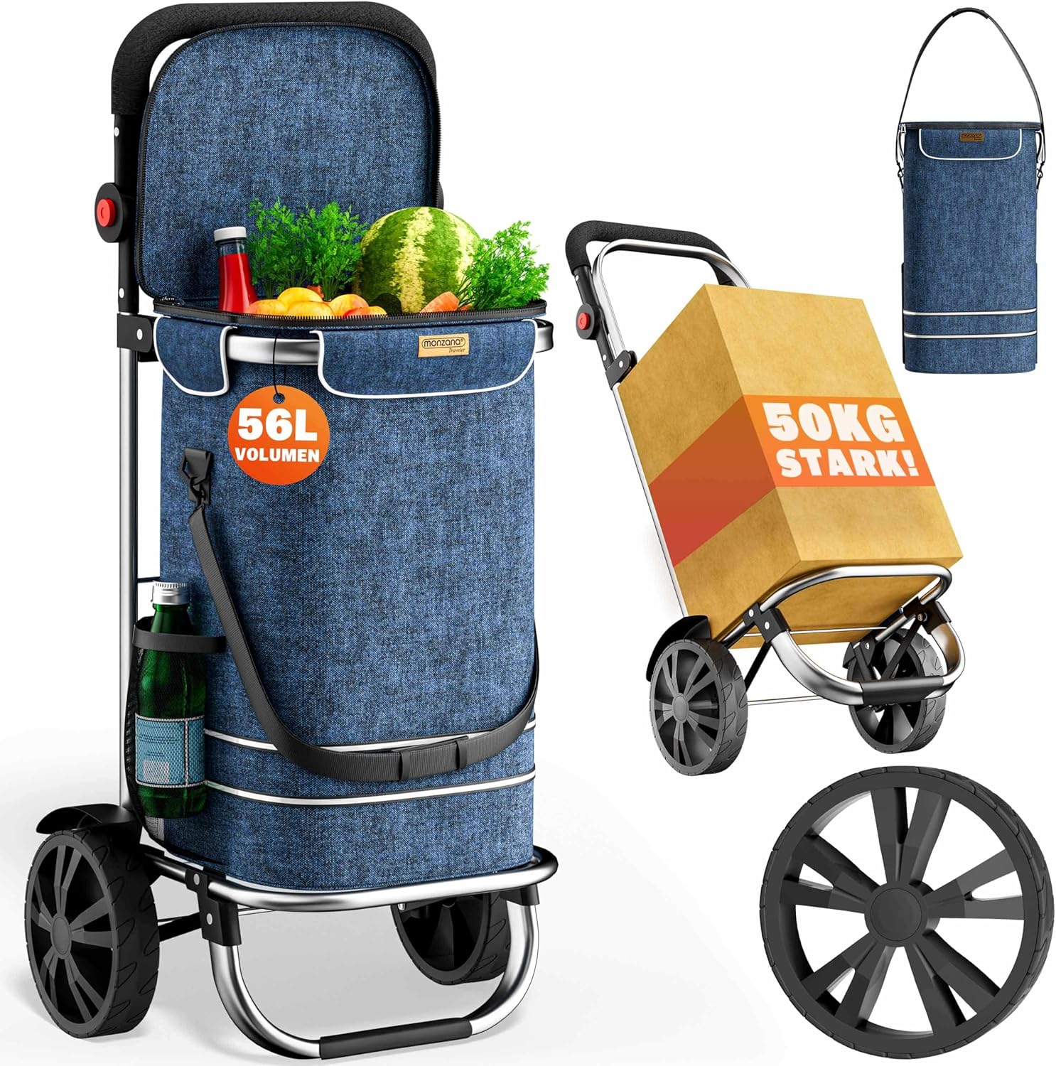 MONZANA® 3in1 Einkaufstrolley 56L bis 50 kg klappbar abnehmbare Tasche Handwagen Einkaufswagen Einkaufshilfe Roller Blau