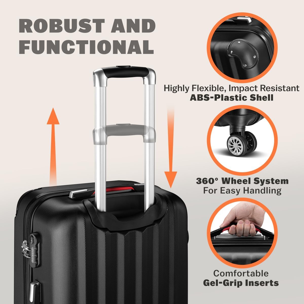 Monzana® 3tlg. Kofferset Baseline Hartschalen Koffer M-L-XL Gel-Griffe 4 Rollen Kantenschutz Schloss Standfüße Trolley Rollkoffer Reisekoffer schwarz — Ansicht 3