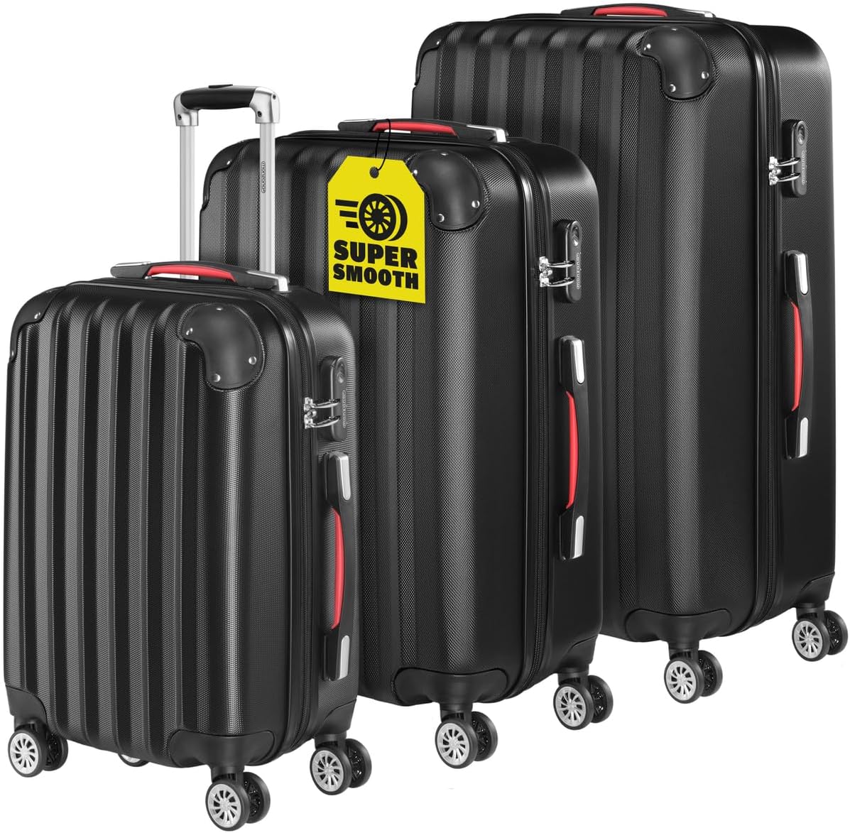 Monzana® 3tlg. Kofferset Baseline Hartschalen Koffer M-L-XL Gel-Griffe 4 Rollen Kantenschutz Schloss Standfüße Trolley Rollkoffer Reisekoffer schwarz