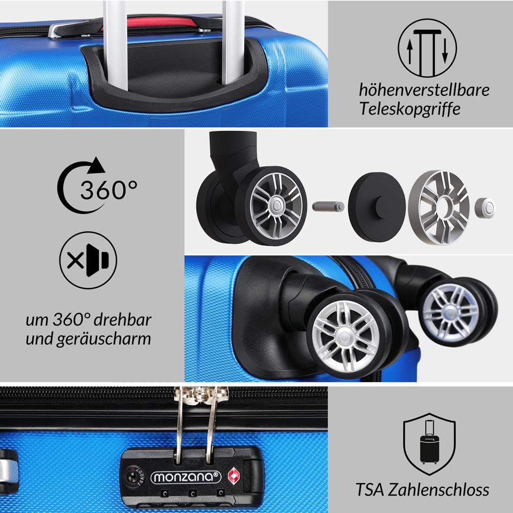 MONZANA® 3tlg. Kofferset Exopack TSA Schloss Hartschalen Koffer M-L-XL Gel-Griffe 4 Zwillingsrollen Standfüße Trolley Rollkoffer Reisekoffer Blau — Ansicht 2
