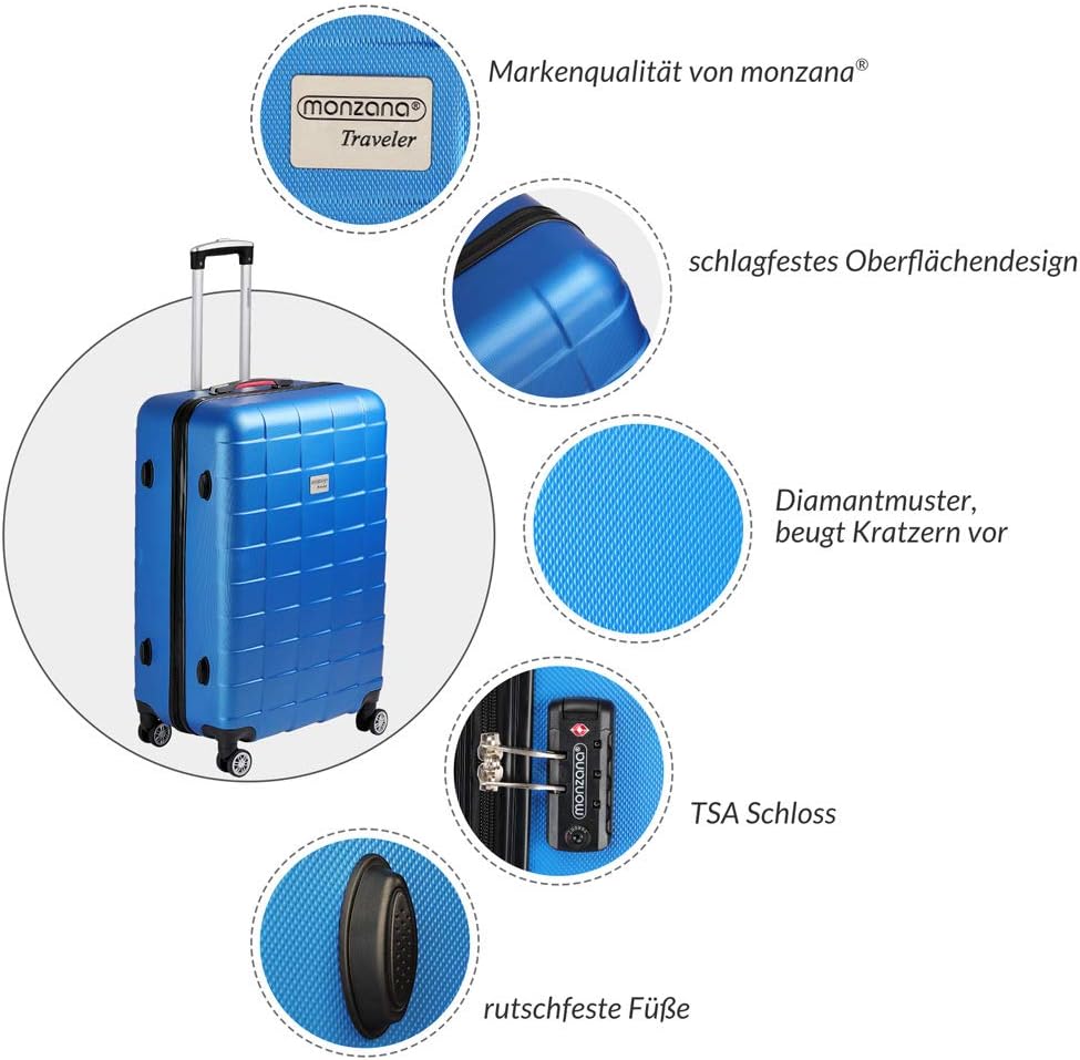 MONZANA® 3tlg. Kofferset Exopack TSA Schloss Hartschalen Koffer M-L-XL Gel-Griffe 4 Zwillingsrollen Standfüße Trolley Rollkoffer Reisekoffer Blau — Ansicht 3