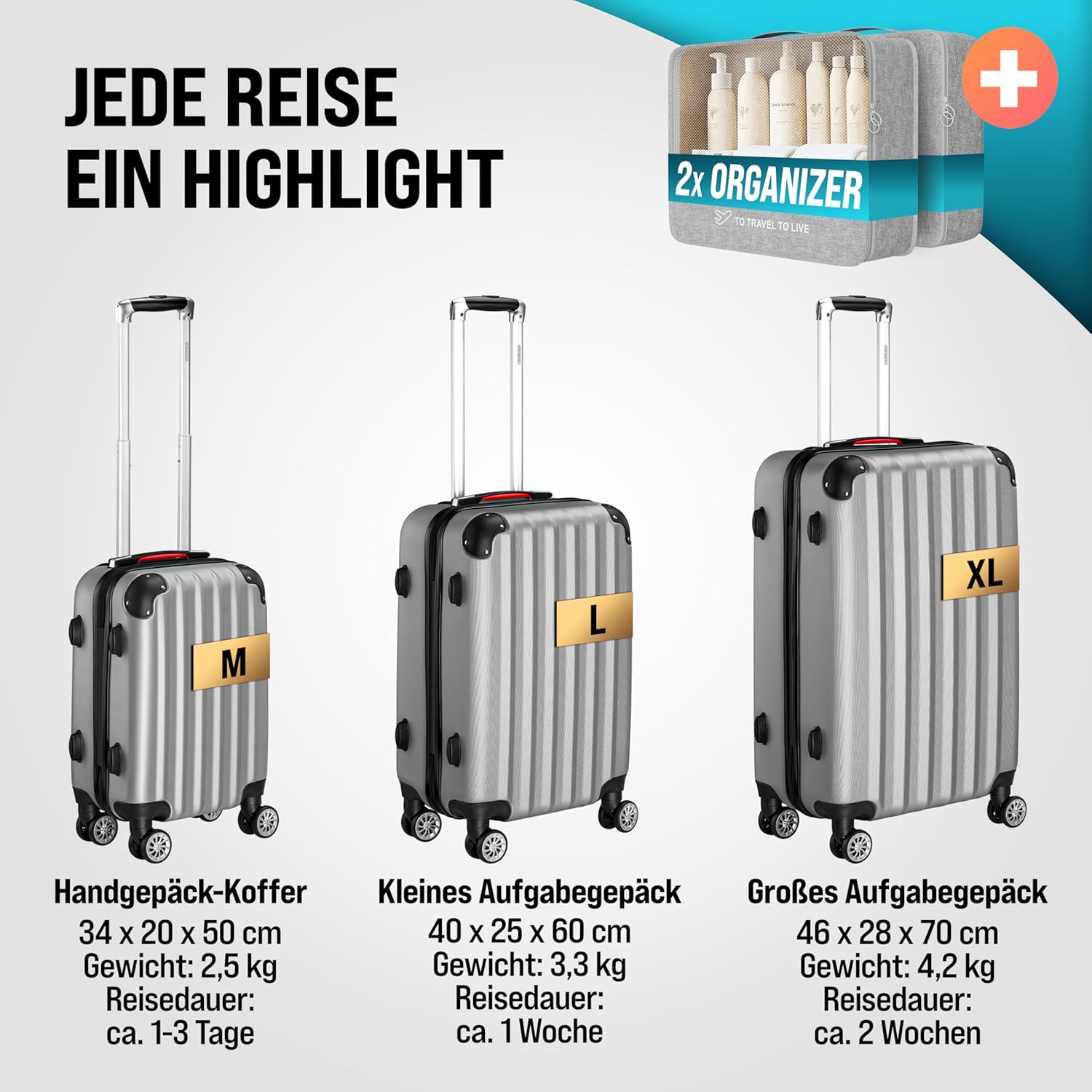 Monzana® 3tlg. Kofferset, Silber - M-L-XL - inkl. Schloss, Organizer & Kofferwaage - Gurt Gel-Griffe, Zwillingsrollen, Standfüße, Trolley, Reisekoffer, Hartschalenkoffer, Gepäck-Set, Trolley Set — Ansicht 3