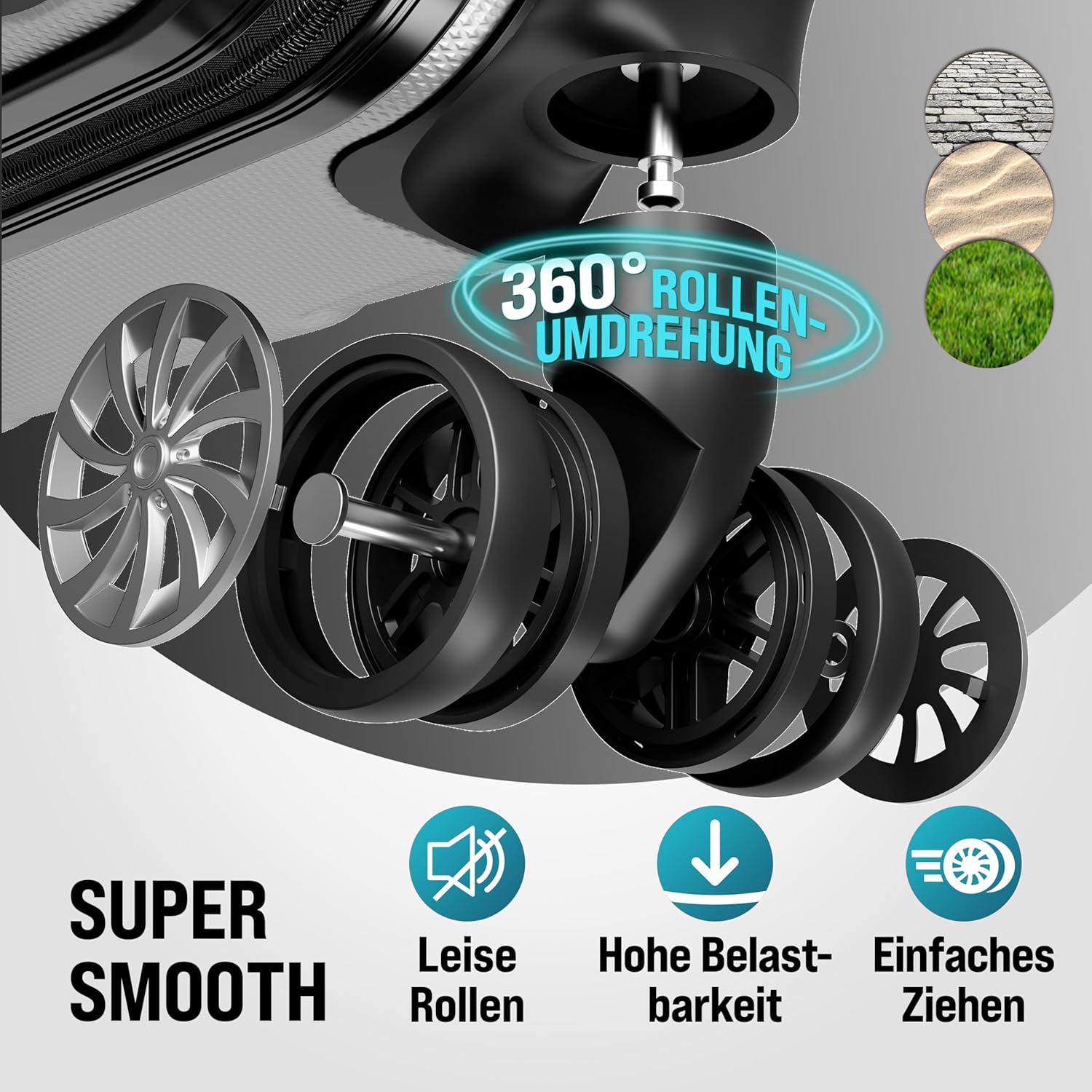 Monzana® 3tlg. Kofferset, Silber - M-L-XL - inkl. Schloss, Organizer & Kofferwaage - Gurt Gel-Griffe, Zwillingsrollen, Standfüße, Trolley, Reisekoffer, Hartschalenkoffer, Gepäck-Set, Trolley Set — Ansicht 4