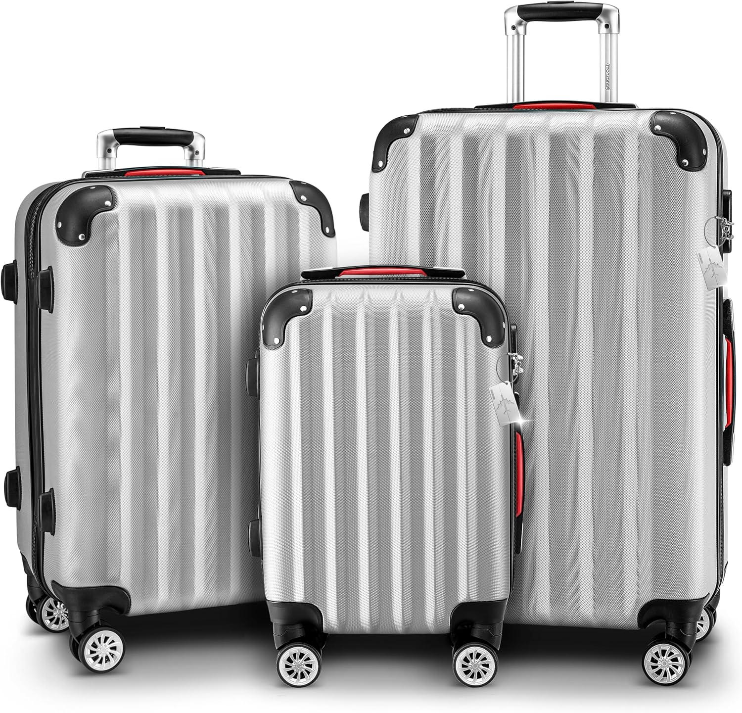 Monzana® 3tlg. Kofferset, Silber - M-L-XL - inkl. Schloss, Organizer & Kofferwaage - Gurt Gel-Griffe, Zwillingsrollen, Standfüße, Trolley, Reisekoffer, Hartschalenkoffer, Gepäck-Set, Trolley Set