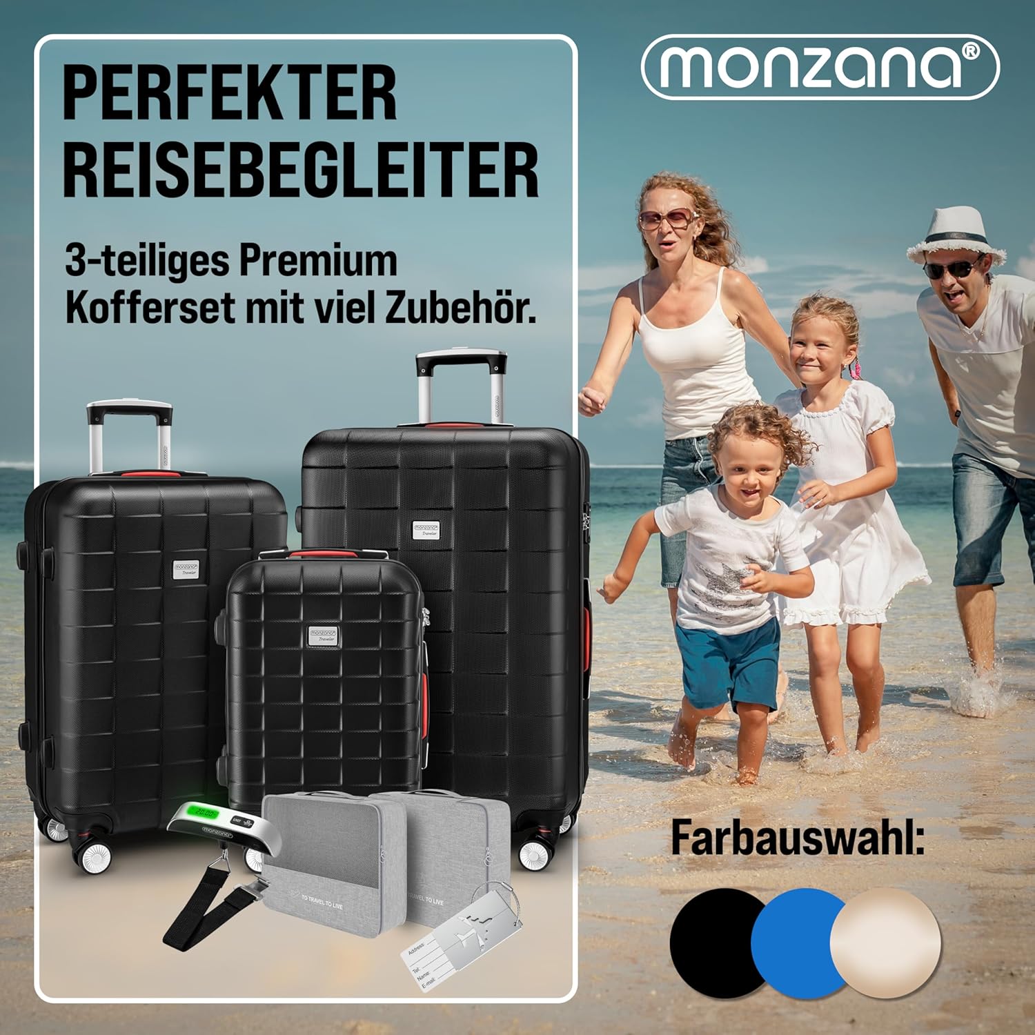 Monzana® 3tlg. Kofferset TSA Schloss Organizer Kofferwaage Gurt Gel-Griffe Zwillingsrollen Standfüße Trolley Reisekoffer Hartschalen Koffer M-L-XL Schwarz — Ansicht 2
