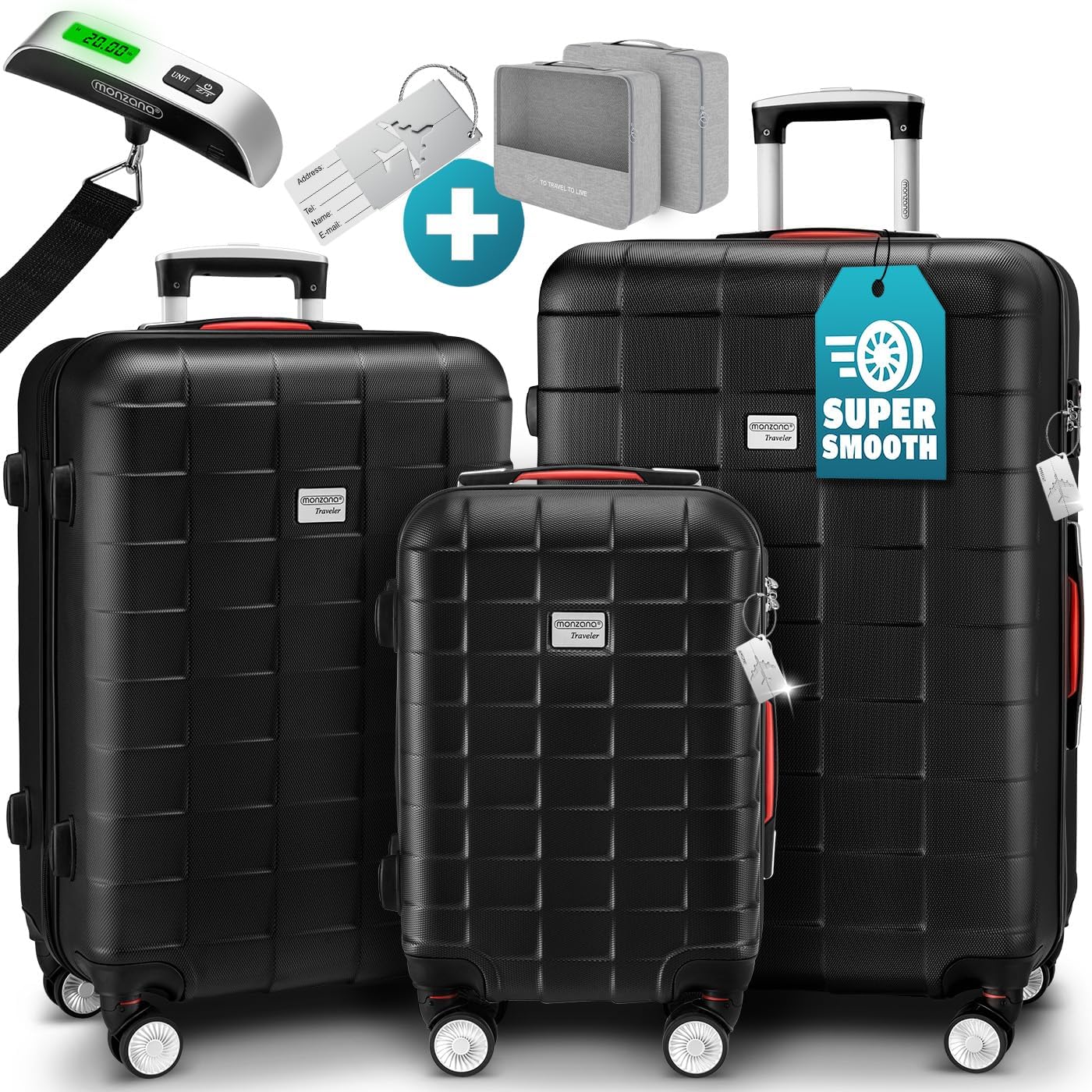 Monzana® 3tlg. Kofferset TSA Schloss Organizer Kofferwaage Gurt Gel-Griffe Zwillingsrollen Standfüße Trolley Reisekoffer Hartschalen Koffer M-L-XL Schwarz