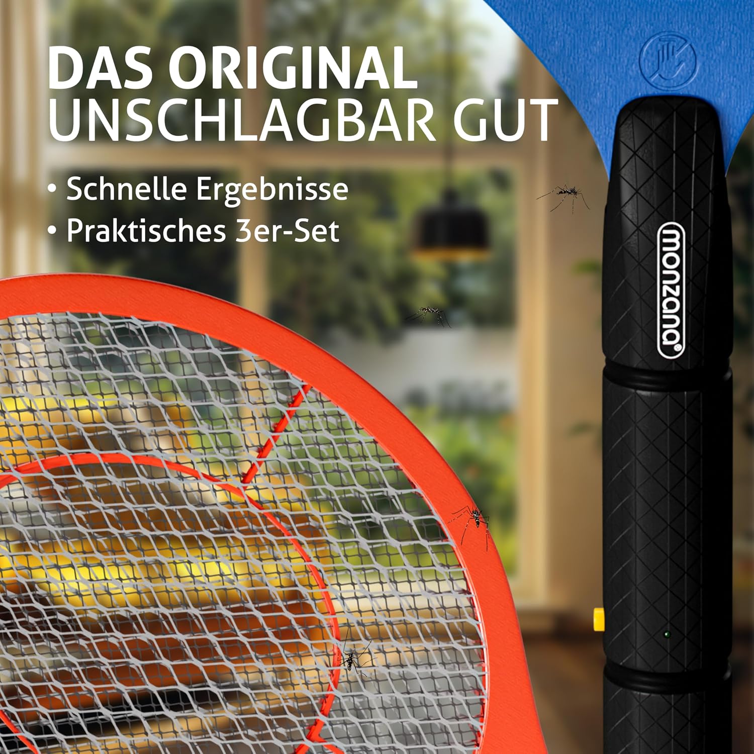MONZANA® 3X Elektrische Fliegenklatsche 3000V Doppeltes Sicherheitsnetz batteriebetrieben Mückenklatsche Fliegenfalle Fliegenfänger Insektenvernichter — Ansicht 2