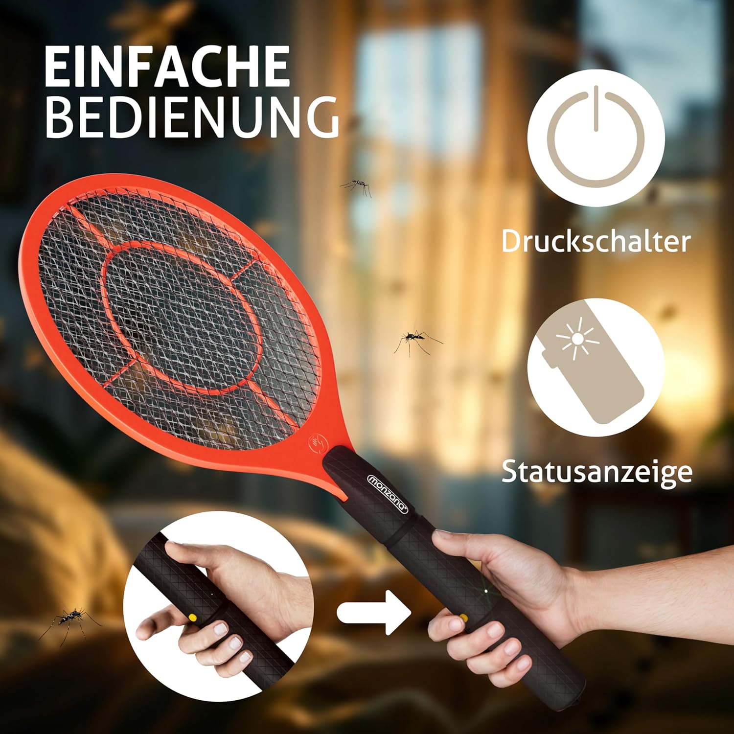 MONZANA® 3X Elektrische Fliegenklatsche 3000V Doppeltes Sicherheitsnetz batteriebetrieben Mückenklatsche Fliegenfalle Fliegenfänger Insektenvernichter — Ansicht 5