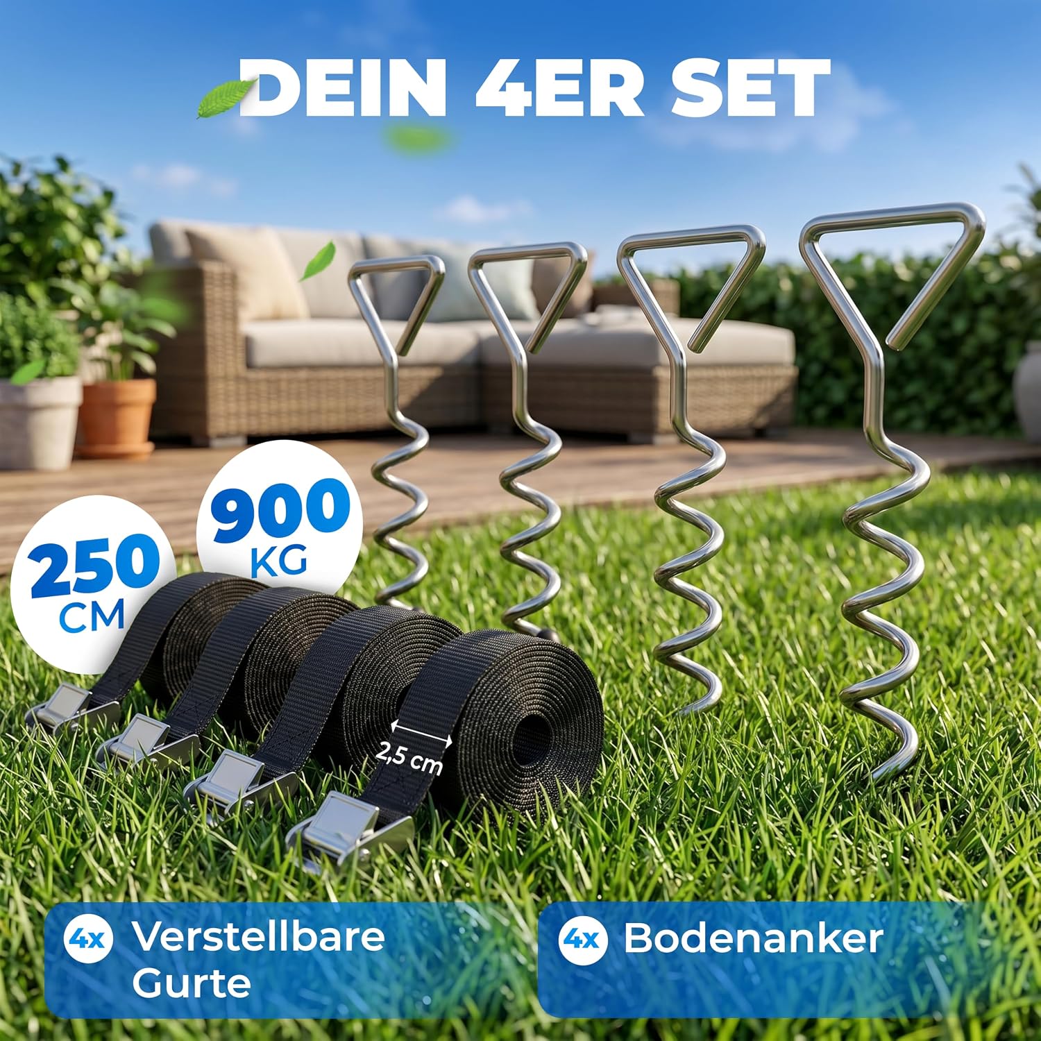 MONZANA® 4 Bodenanker Trampolin 42,5cm 5 Windungen 900kg Verstellbare Gurte Rostfrei Sicherung Set Erdanker Befestigung Pavillon Gartenhaus Schaukel — Ansicht 4