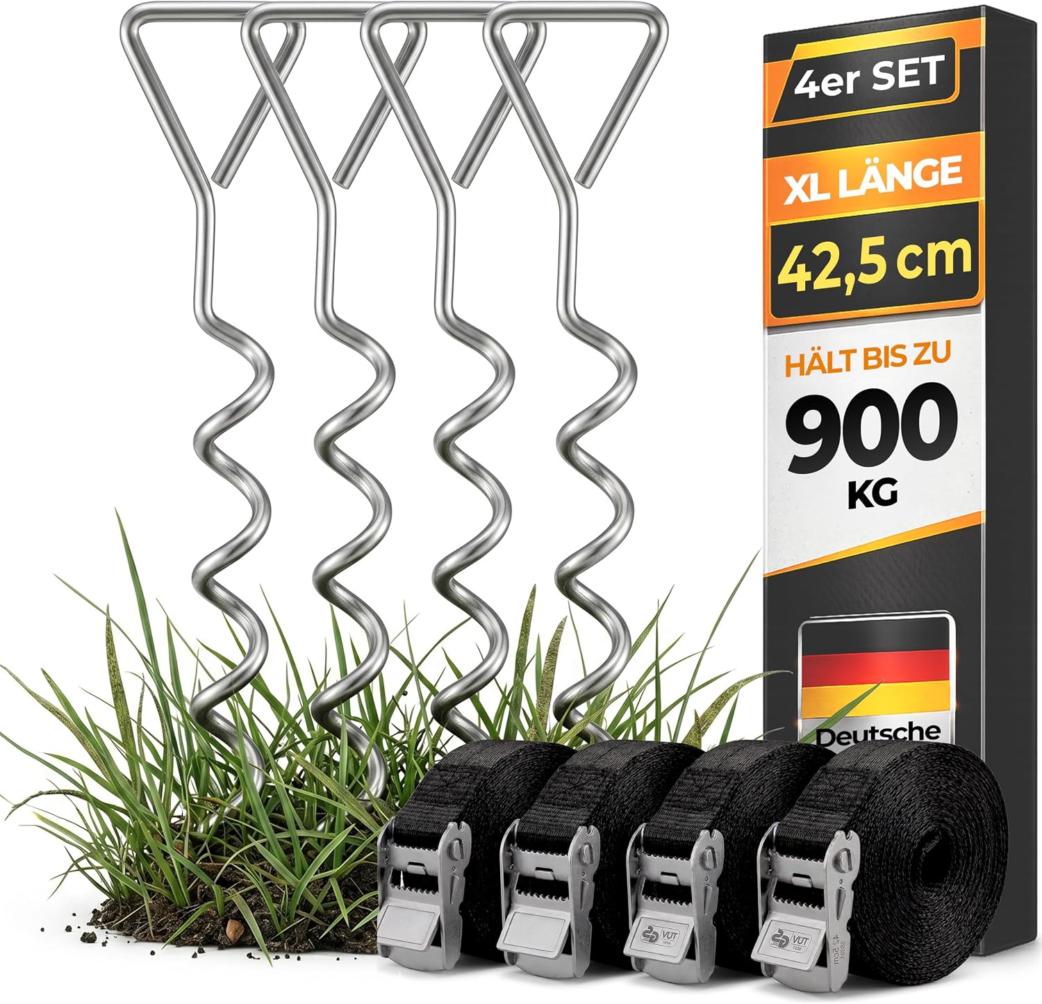 MONZANA® 4 Bodenanker Trampolin 42,5cm 5 Windungen 900kg Verstellbare Gurte Rostfrei Sicherung Set Erdanker Befestigung Pavillon Gartenhaus Schaukel
