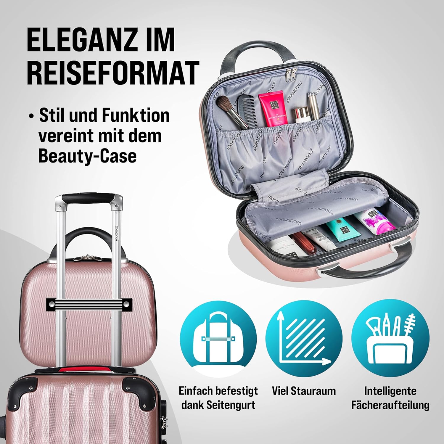 Monzana® 4tlg. Kofferset mit Beautycase, Rose - M-L-XL - inkl. Schloss, Organizer & Kofferwaage - Gurt Gel-Griffe, Zwillingsrollen, Standfüße, Trolley, Reisekoffer, Hartschalenkoffer, Gepäck-Set — Ansicht 3