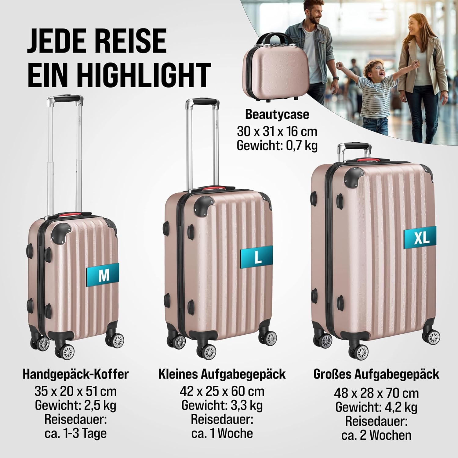 Monzana® 4tlg. Kofferset mit Beautycase, Rose - M-L-XL - inkl. Schloss, Organizer & Kofferwaage - Gurt Gel-Griffe, Zwillingsrollen, Standfüße, Trolley, Reisekoffer, Hartschalenkoffer, Gepäck-Set — Ansicht 4