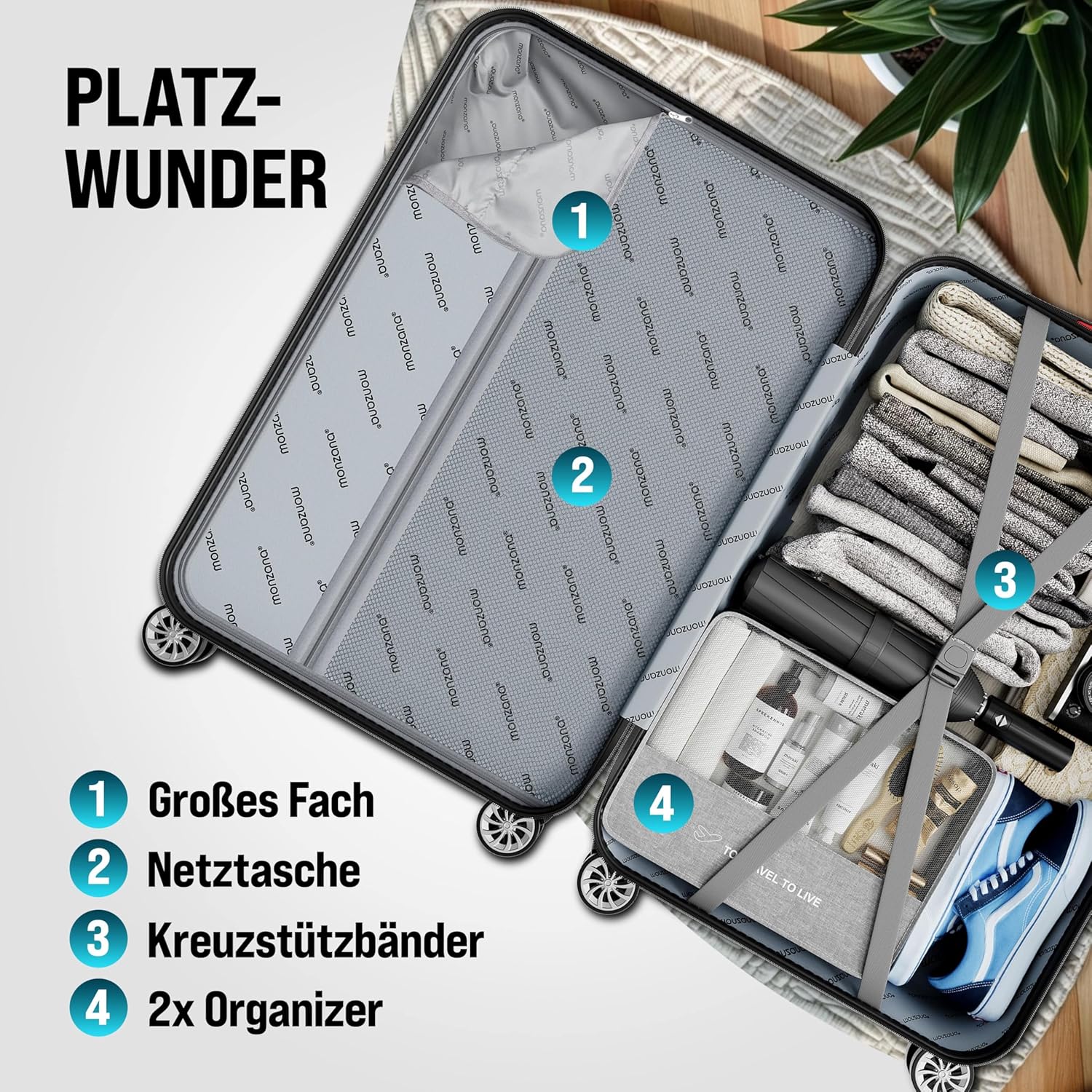 Monzana® 4tlg. Kofferset mit Beautycase, Rose - M-L-XL - inkl. Schloss, Organizer & Kofferwaage - Gurt Gel-Griffe, Zwillingsrollen, Standfüße, Trolley, Reisekoffer, Hartschalenkoffer, Gepäck-Set — Ansicht 5