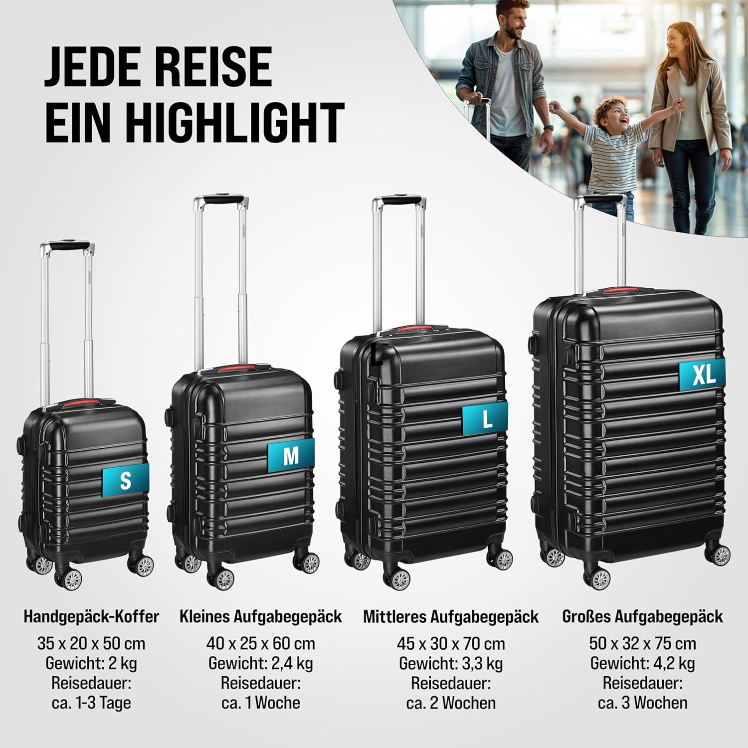 Monzana® 4tlg Kofferset Schloss Organizer Kofferwaage Gurt Gel-Griffe Zwillingsrollen Standfüße Trolley Reisekoffer Hartschale Koffer S-M-L-XL Schwarz — Ansicht 3