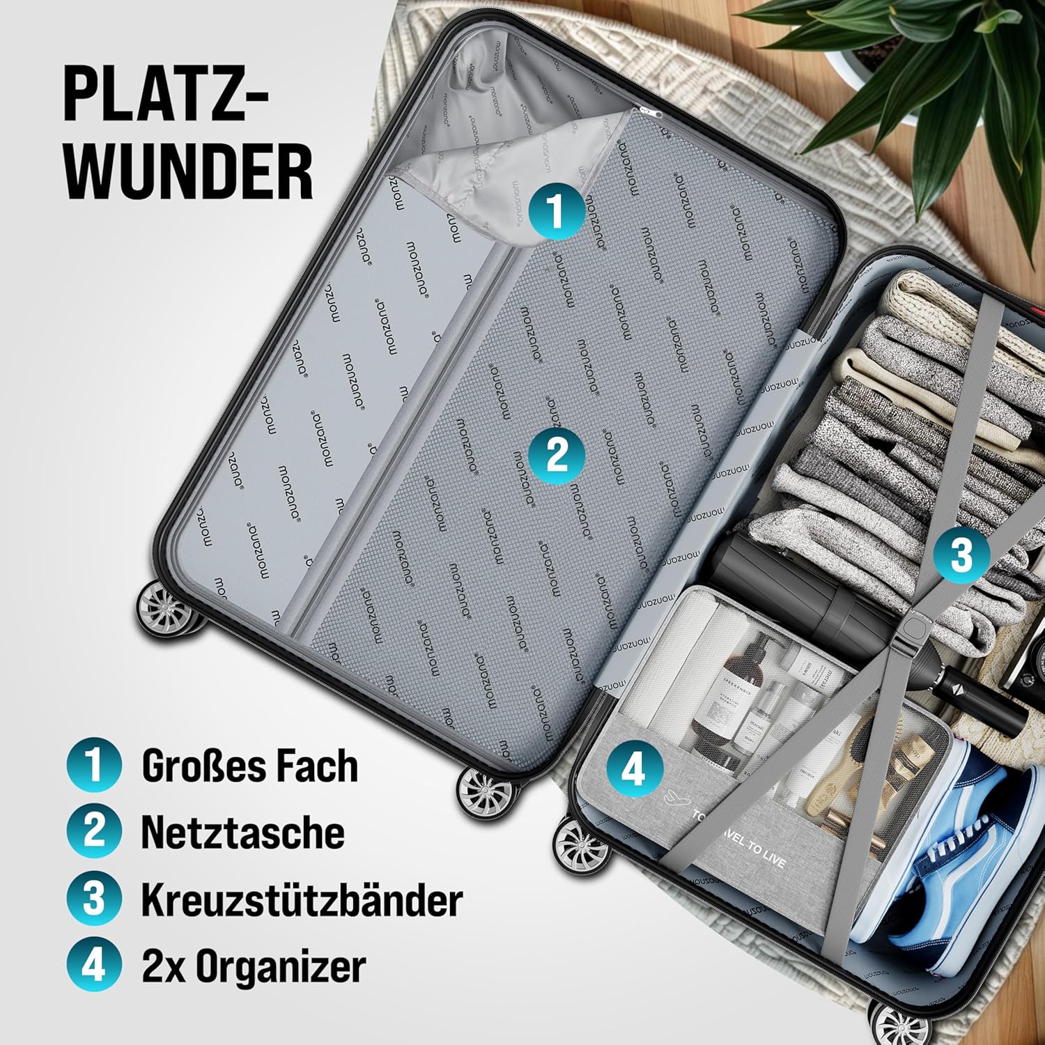 Monzana® 4tlg Kofferset Schloss Organizer Kofferwaage Gurt Gel-Griffe Zwillingsrollen Standfüße Trolley Reisekoffer Hartschale Koffer S-M-L-XL Schwarz — Ansicht 4