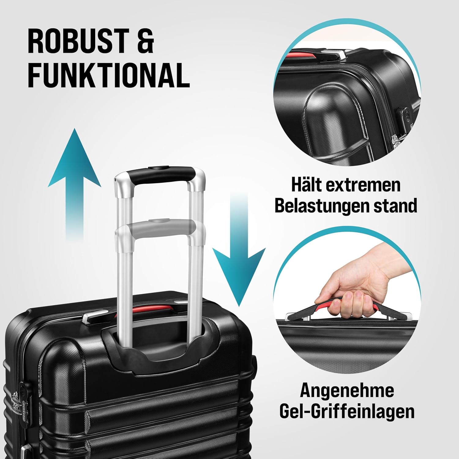 Monzana® 4tlg Kofferset Schloss Organizer Kofferwaage Gurt Gel-Griffe Zwillingsrollen Standfüße Trolley Reisekoffer Hartschale Koffer S-M-L-XL Schwarz — Ansicht 5