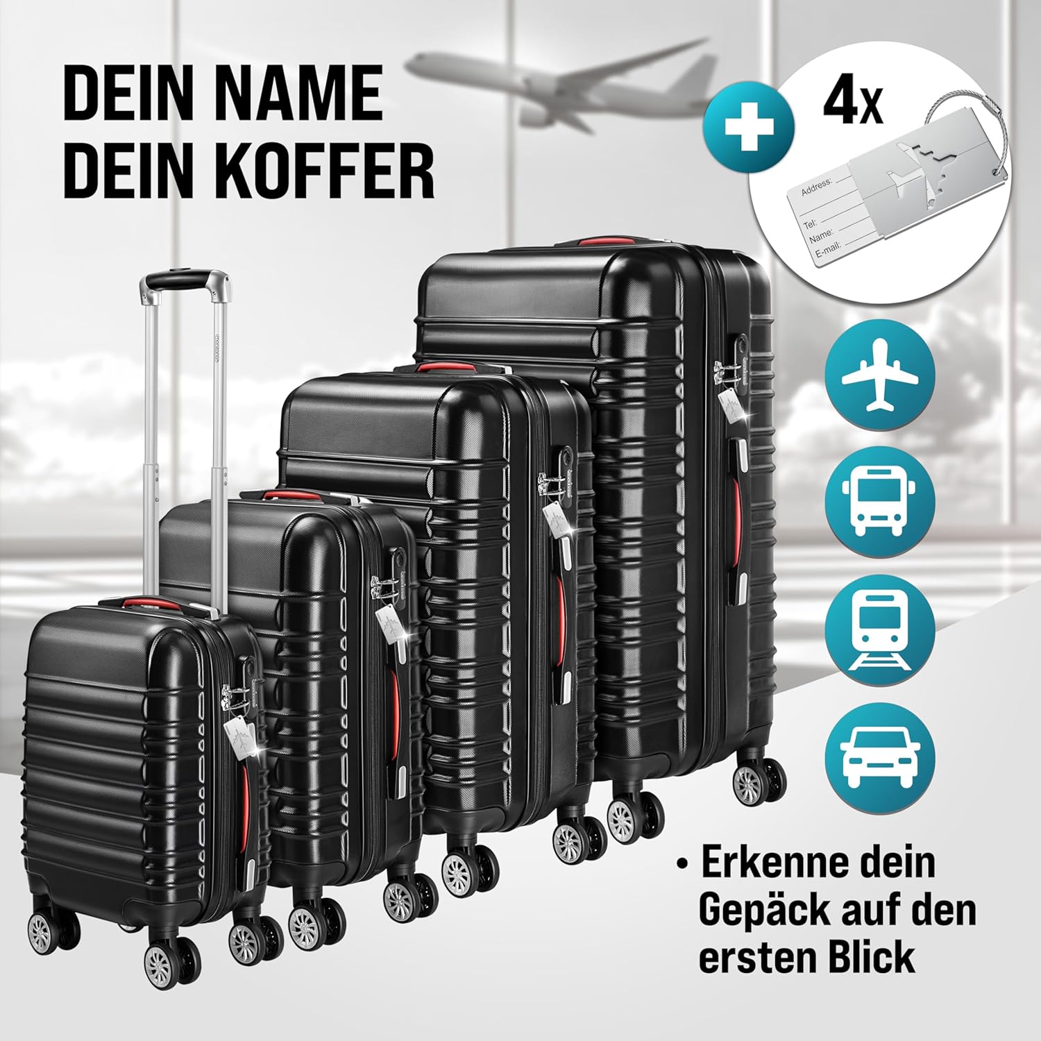 Monzana® 4tlg Kofferset Schloss Organizer Kofferwaage Gurt Gel-Griffe Zwillingsrollen Standfüße Trolley Reisekoffer Hartschale Koffer S-M-L-XL Schwarz — Ansicht 6