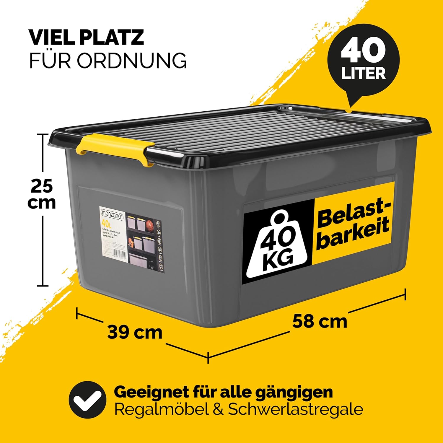 Monzana® 4x Aufbewahrungsbox 40L mit Deckel 40kg belastbar Kunststoff BPA frei Klickverschluss stabil flexibel stapelbar blickdicht Keller Garage Box — Ansicht 2