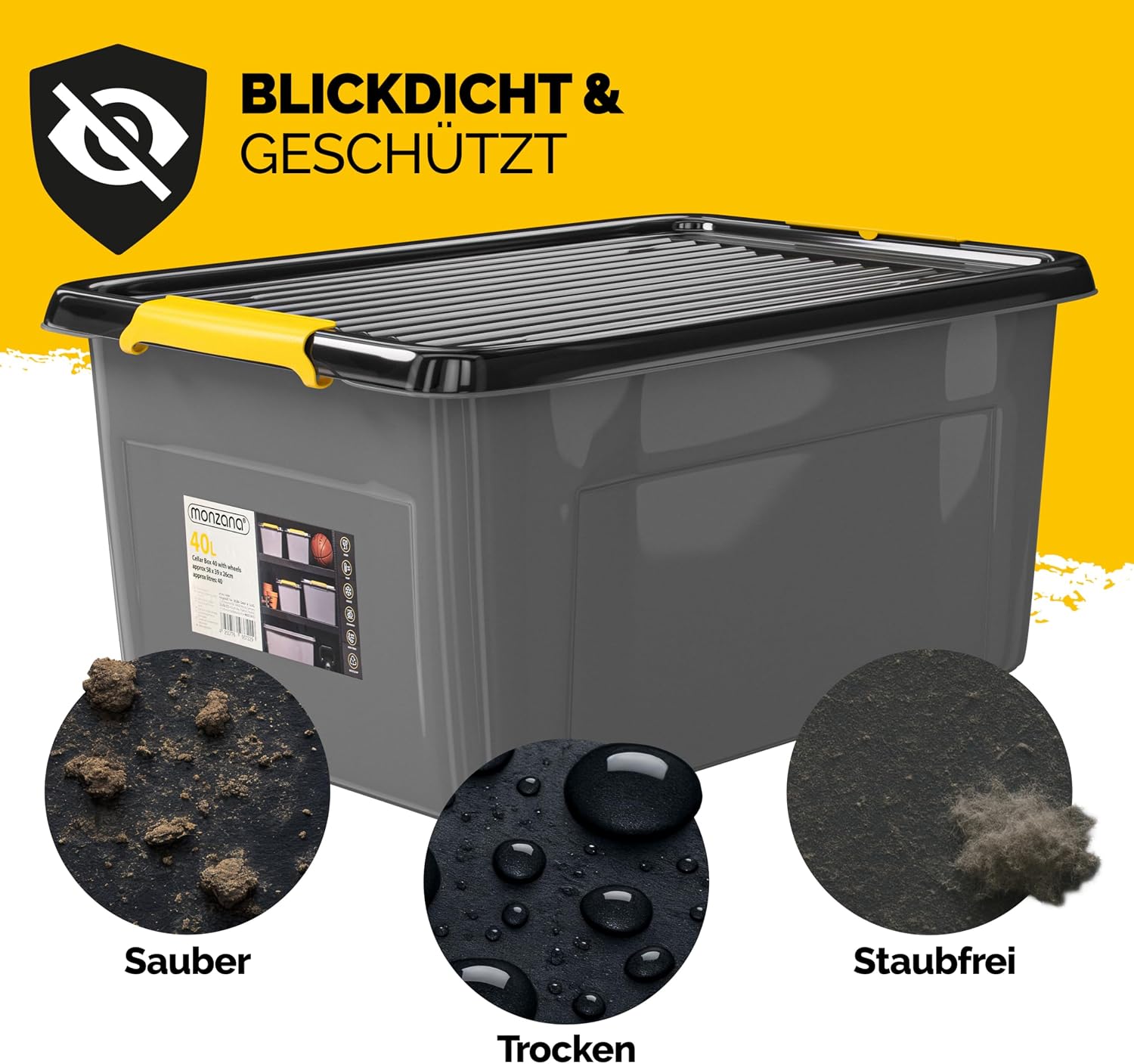 Monzana® 4x Aufbewahrungsbox 40L mit Deckel 40kg belastbar Kunststoff BPA frei Klickverschluss stabil flexibel stapelbar blickdicht Keller Garage Box — Ansicht 5
