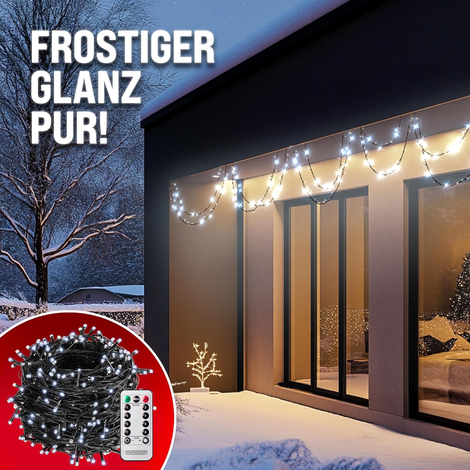 Monzana® 600 LED Lichterkette 60m mit Fernbedienung Timerfunktion 8 Leuchtmodi Dimmbar IP44 Stecker Weihnachten Außen Innen Weihnachtsbeleuchtung Kaltweiß — Ansicht 4