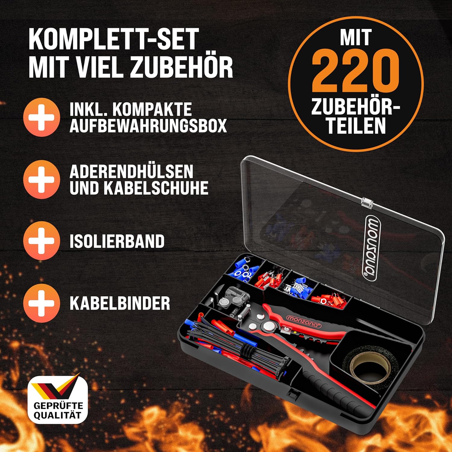 MONZANA® Abisolierzange 3in1 Set 220-teilig Zubehör Box 0,2-6mm2 Stahl Automatisch Isolierband Kabelbinder Elektro Abisolierwerkzeug Crimpzange Kabel — Ansicht 2