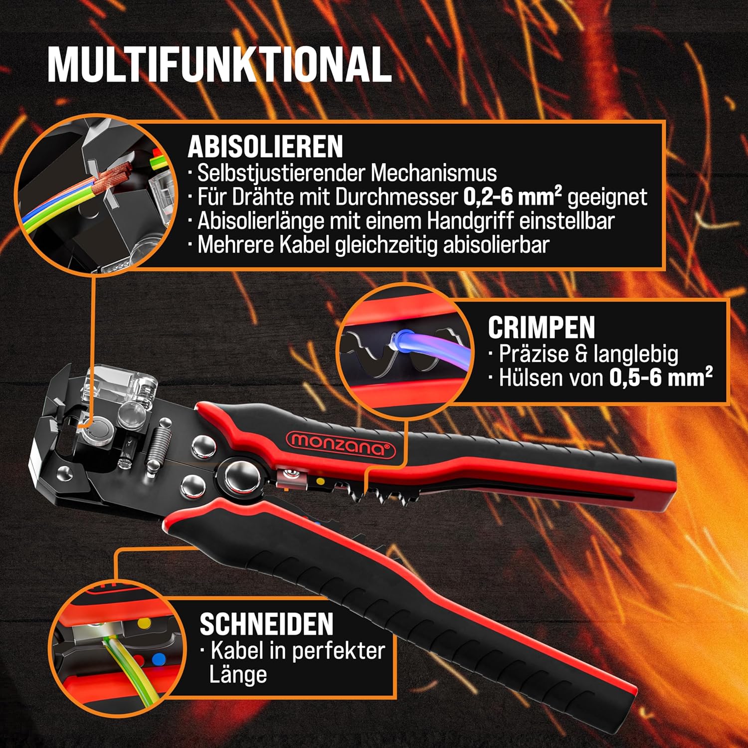 MONZANA® Abisolierzange 3in1 Set 220-teilig Zubehör Box 0,2-6mm2 Stahl Automatisch Isolierband Kabelbinder Elektro Abisolierwerkzeug Crimpzange Kabel — Ansicht 3