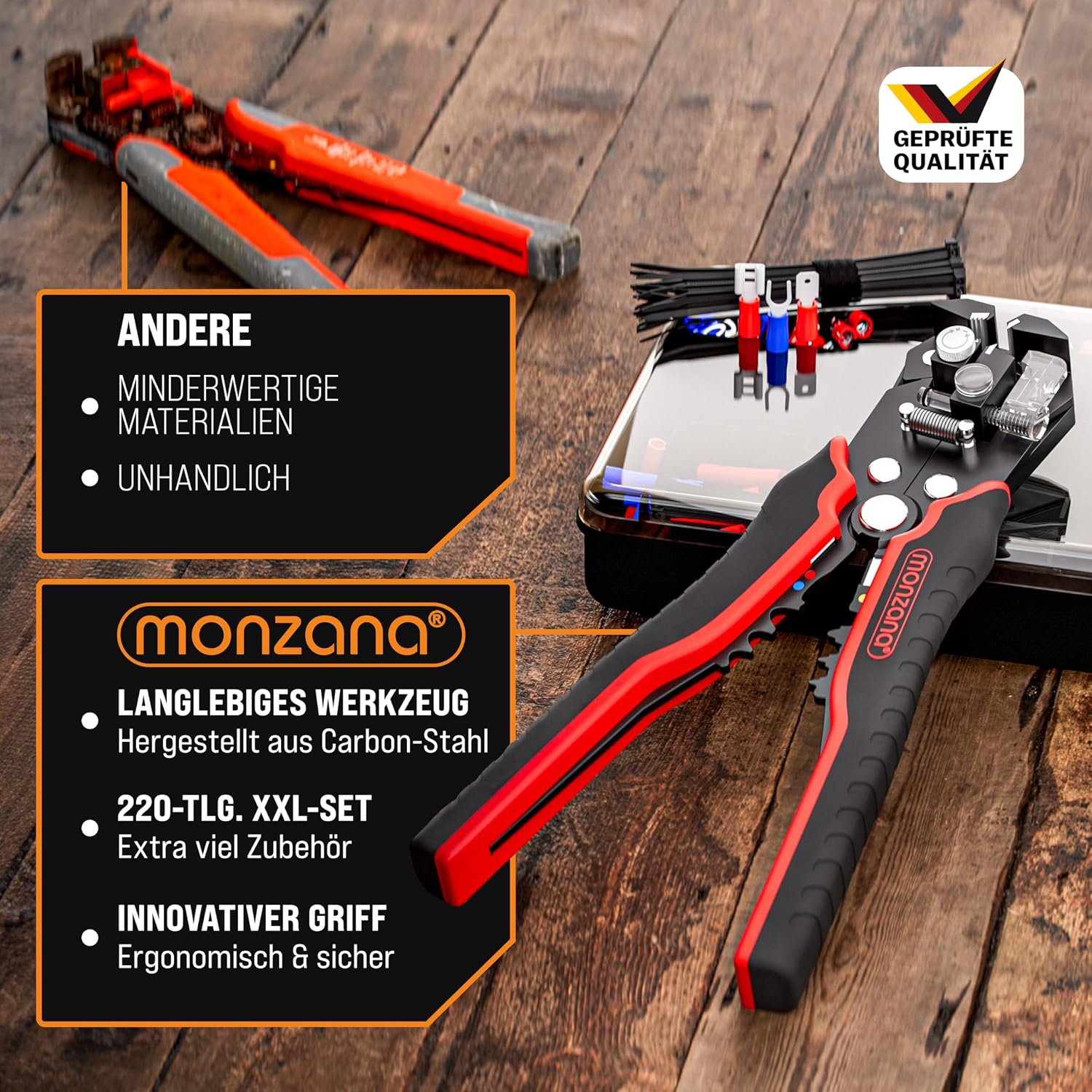 MONZANA® Abisolierzange 3in1 Set 220-teilig Zubehör Box 0,2-6mm2 Stahl Automatisch Isolierband Kabelbinder Elektro Abisolierwerkzeug Crimpzange Kabel — Ansicht 5