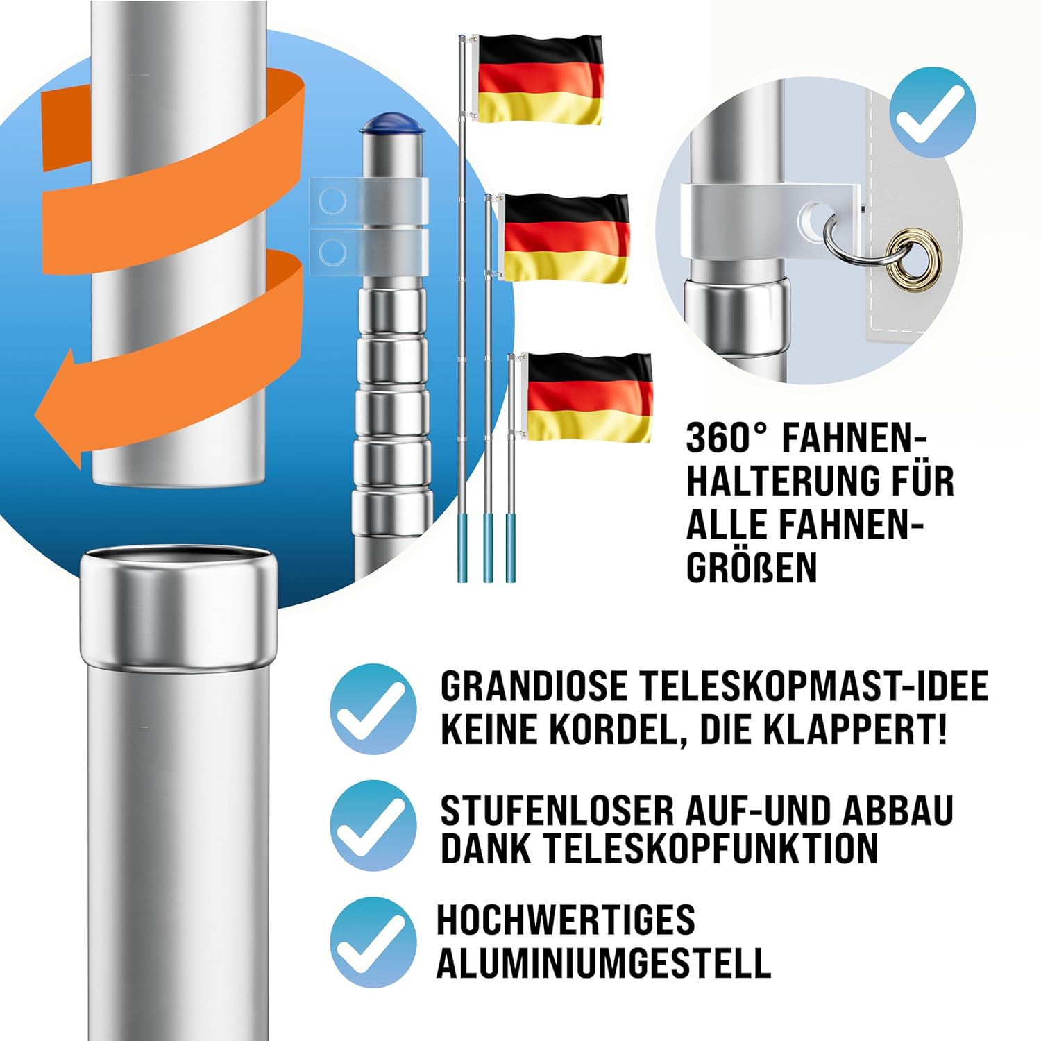 MONZANA® Aluminium Teleskop Fahnenmast 6,30m Bodenhülse 60cm inkl. Deutschland Flagge Deutschlandfahne Fahne Flaggenmast Mast Alu — Ansicht 2