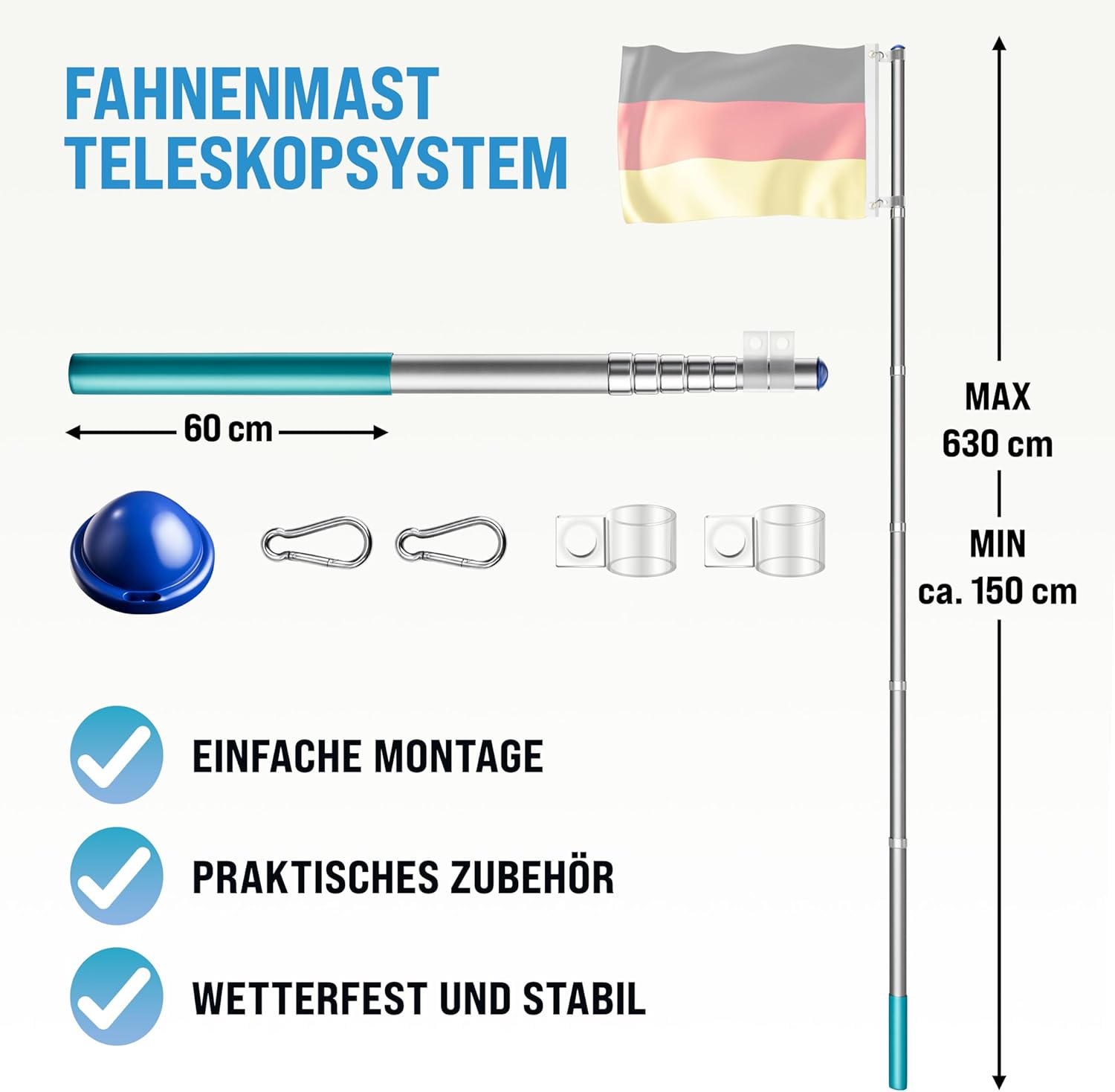 MONZANA® Aluminium Teleskop Fahnenmast 6,30m Bodenhülse 60cm inkl. Deutschland Flagge Deutschlandfahne Fahne Flaggenmast Mast Alu — Ansicht 5