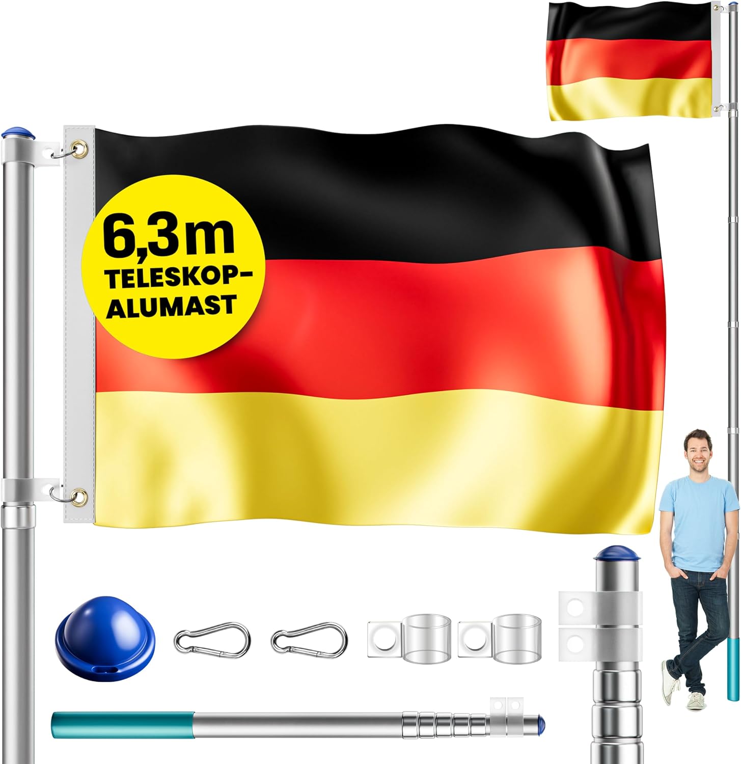 MONZANA® Aluminium Teleskop Fahnenmast 6,30m Bodenhülse 60cm inkl. Deutschland Flagge Deutschlandfahne Fahne Flaggenmast Mast Alu