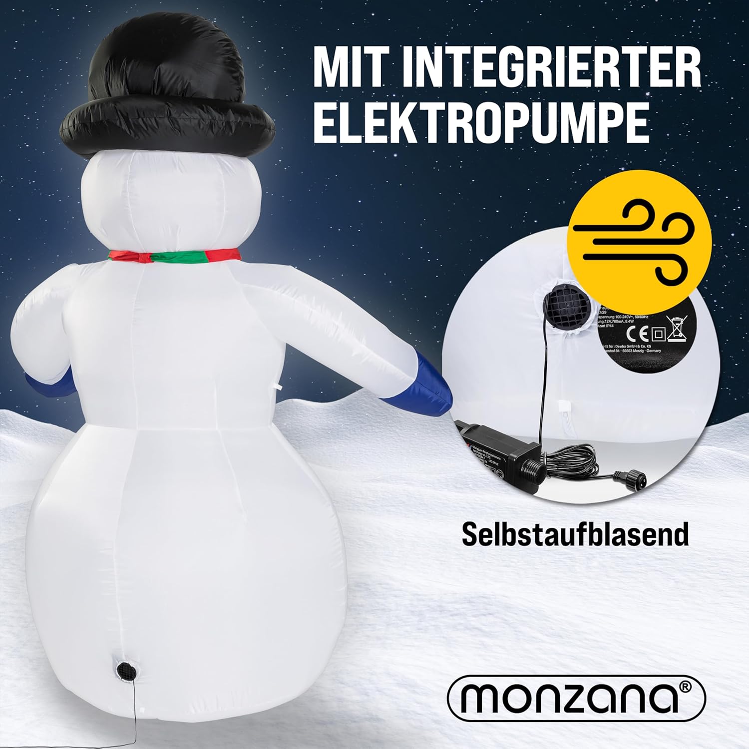 MONZANA® Aufblasbarer Schneemann XXL 240cm LED Beleuchtet Befestigungsmaterial IP44 Außen Witterungsbeständig Weihnachtsdeko Weihnachtsfigur Christmas — Ansicht 3