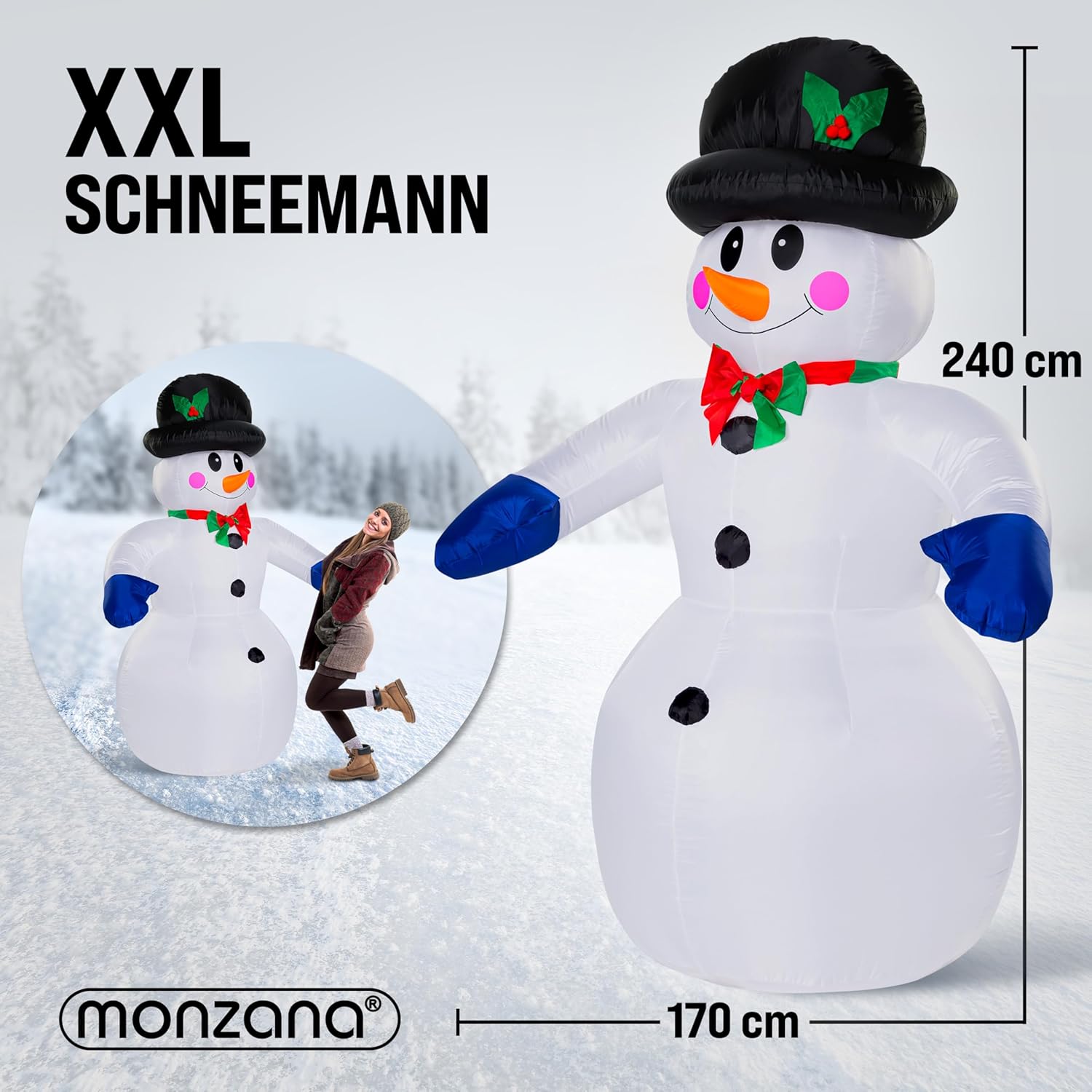MONZANA® Aufblasbarer Schneemann XXL 240cm LED Beleuchtet Befestigungsmaterial IP44 Außen Witterungsbeständig Weihnachtsdeko Weihnachtsfigur Christmas — Ansicht 6