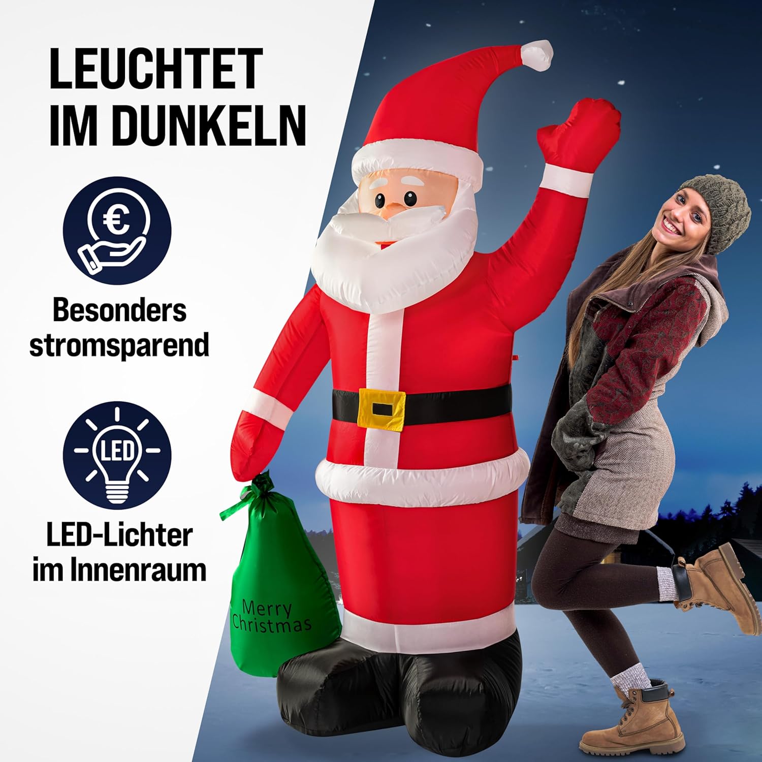MONZANA® Aufblasbarer Weihnachtsmann XL 180cm LED Beleuchtet Befestigungsmaterial IP44 Außen Weihnachtsdeko Santa Nikolaus Weihnachtsfigur Christmas — Ansicht 2