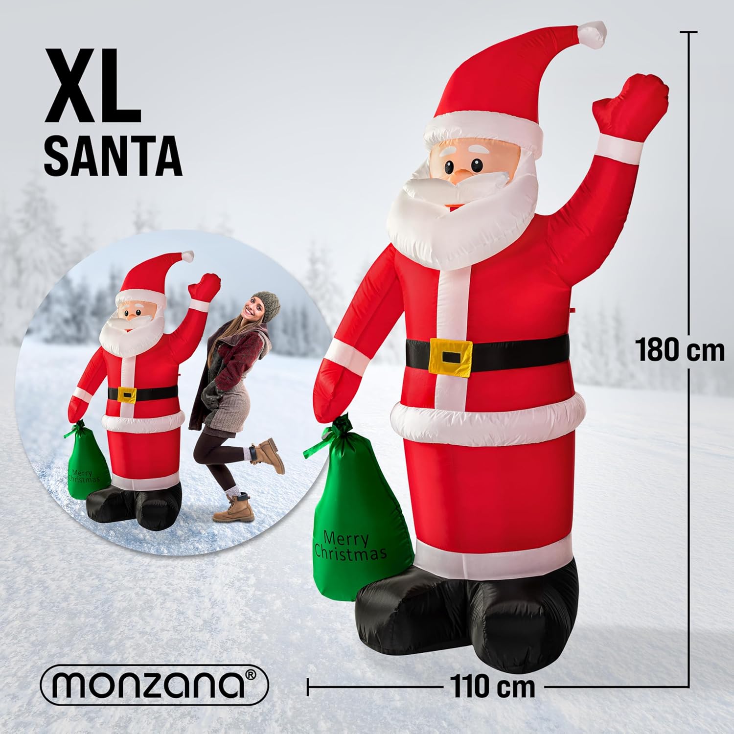 MONZANA® Aufblasbarer Weihnachtsmann XL 180cm LED Beleuchtet Befestigungsmaterial IP44 Außen Weihnachtsdeko Santa Nikolaus Weihnachtsfigur Christmas — Ansicht 6