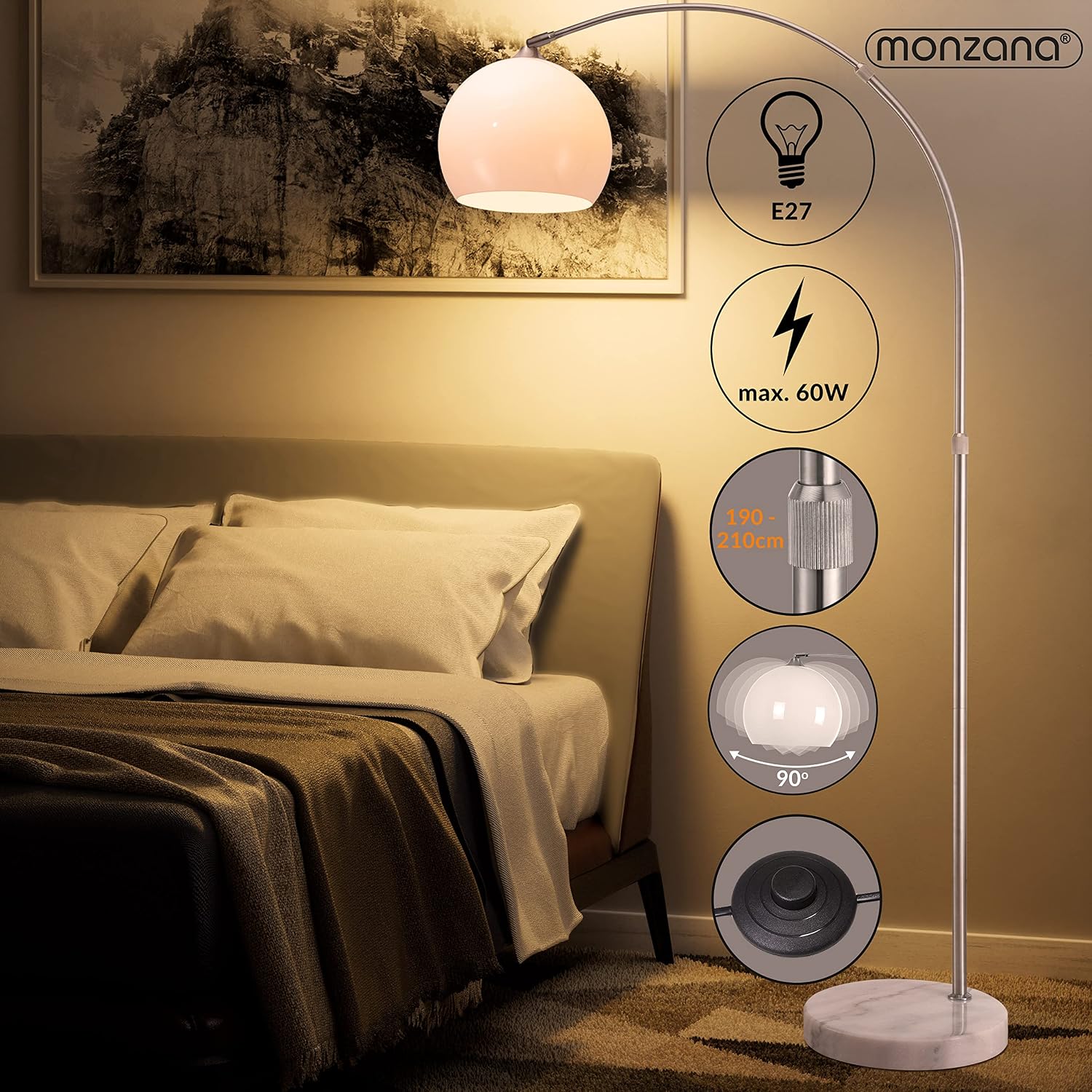 MONZANA® Bogenlampe Marmor 190-210 cm Höhenverstellbar Fußschalter Schwenkbar E27 Edelstahl 40W Wohnzimmer Schlafzimmer Stehlampe Standleuchte Weiß — Ansicht 2