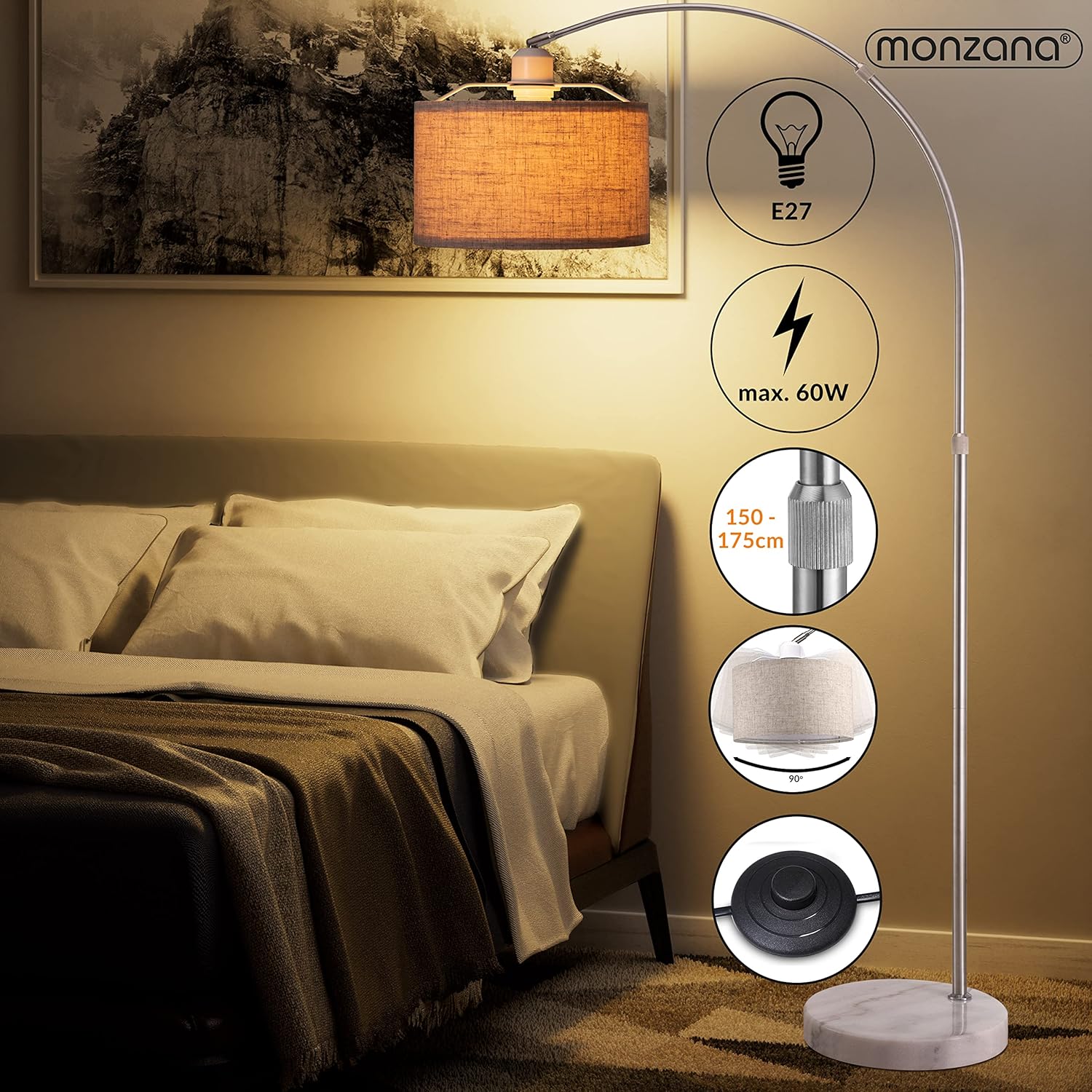 MONZANA® Bogenlampe Stoffschirm Marmorfuß 150-175 cm Höhenverstellbar Fußschalter Schwenkbar E27 Wohnzimmer Schlafzimmer Stehlampe Standleuchte Leinen — Ansicht 2