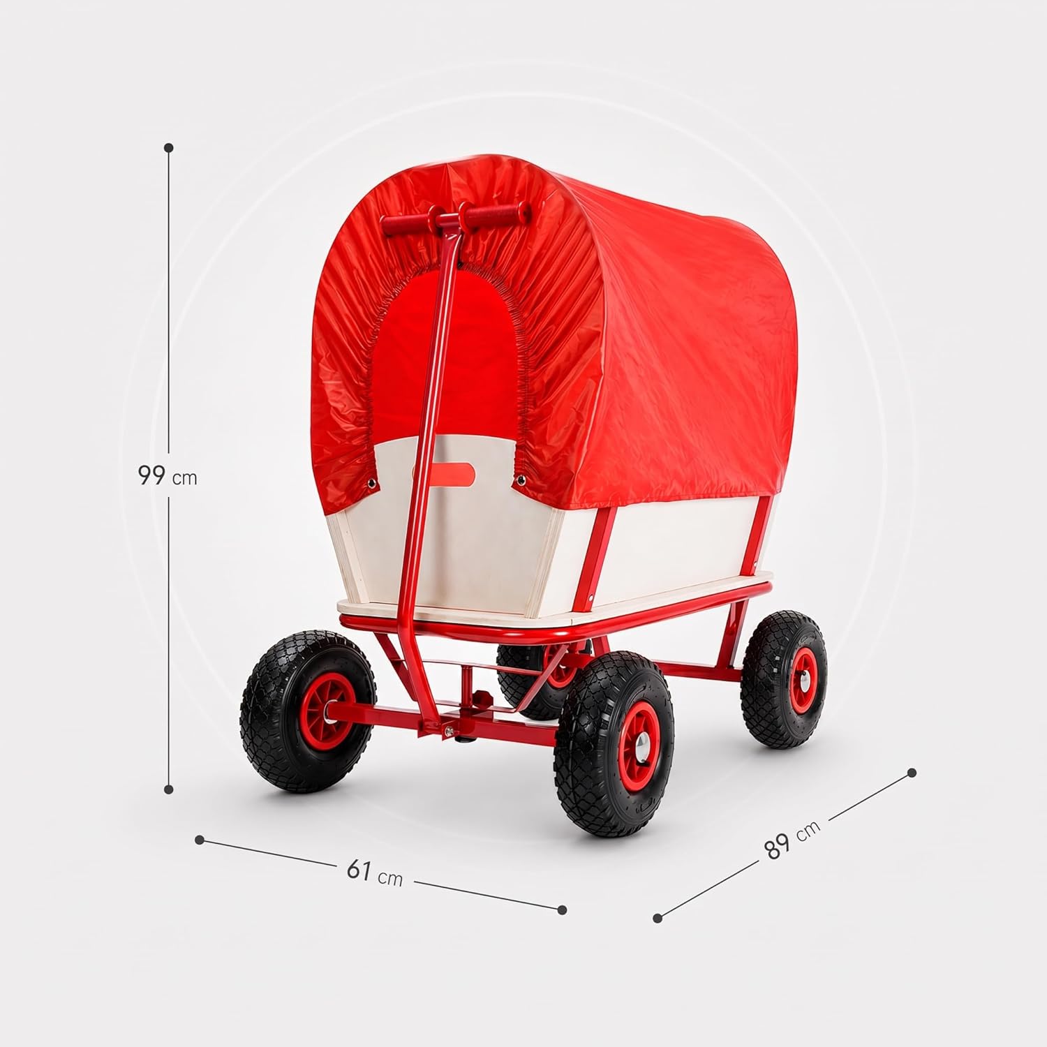 MONZANA® Bollerwagen Holz bis 180 kg mit Dach Luftreifen Stabil Robust Stahl Allround Handwagen Gartenwagen Strandwagen Leiterwagen Transportwagen Rot — Ansicht 2