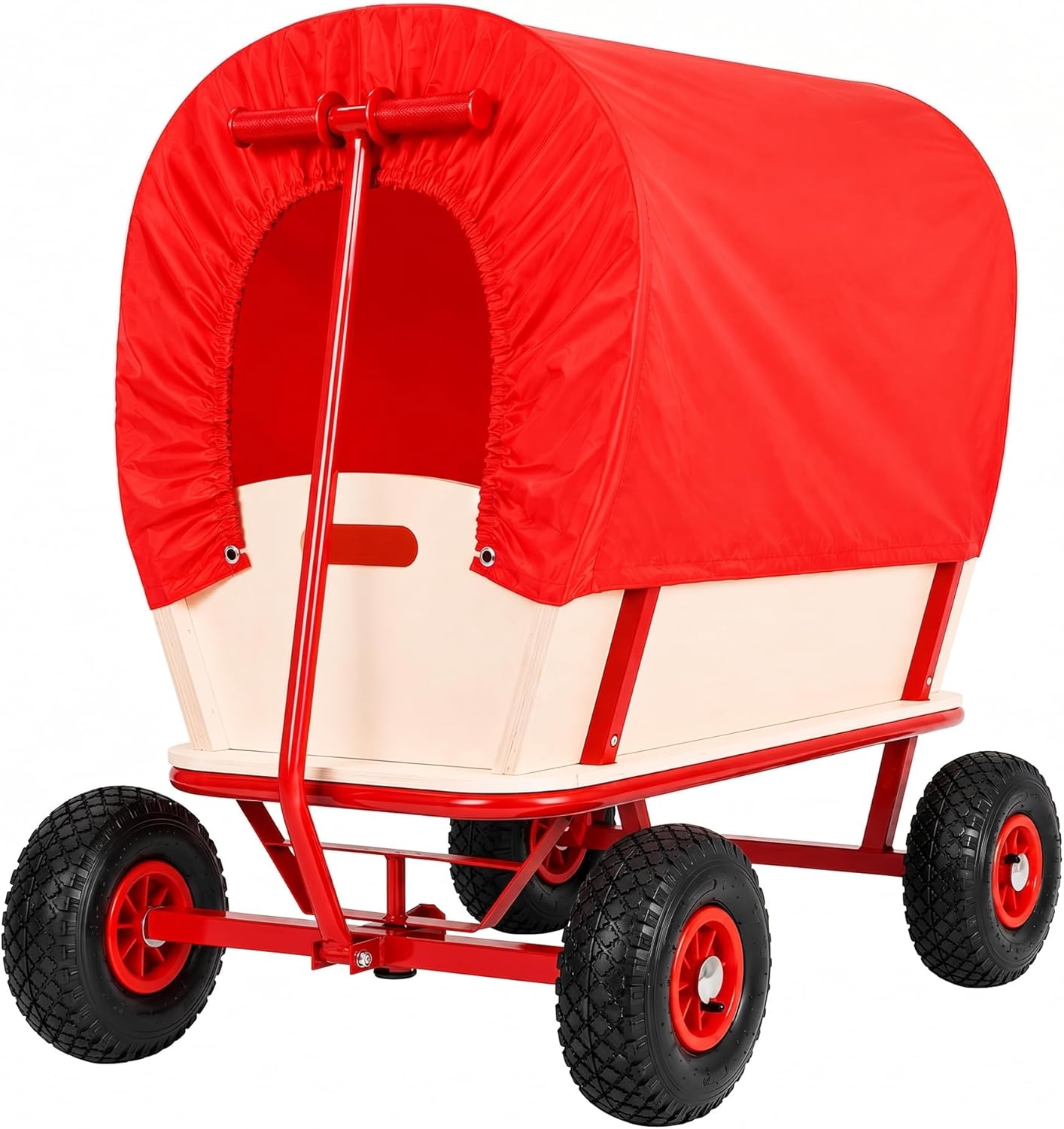 MONZANA® Bollerwagen Holz bis 180 kg mit Dach Luftreifen Stabil Robust Stahl Allround Handwagen Gartenwagen Strandwagen Leiterwagen Transportwagen Rot